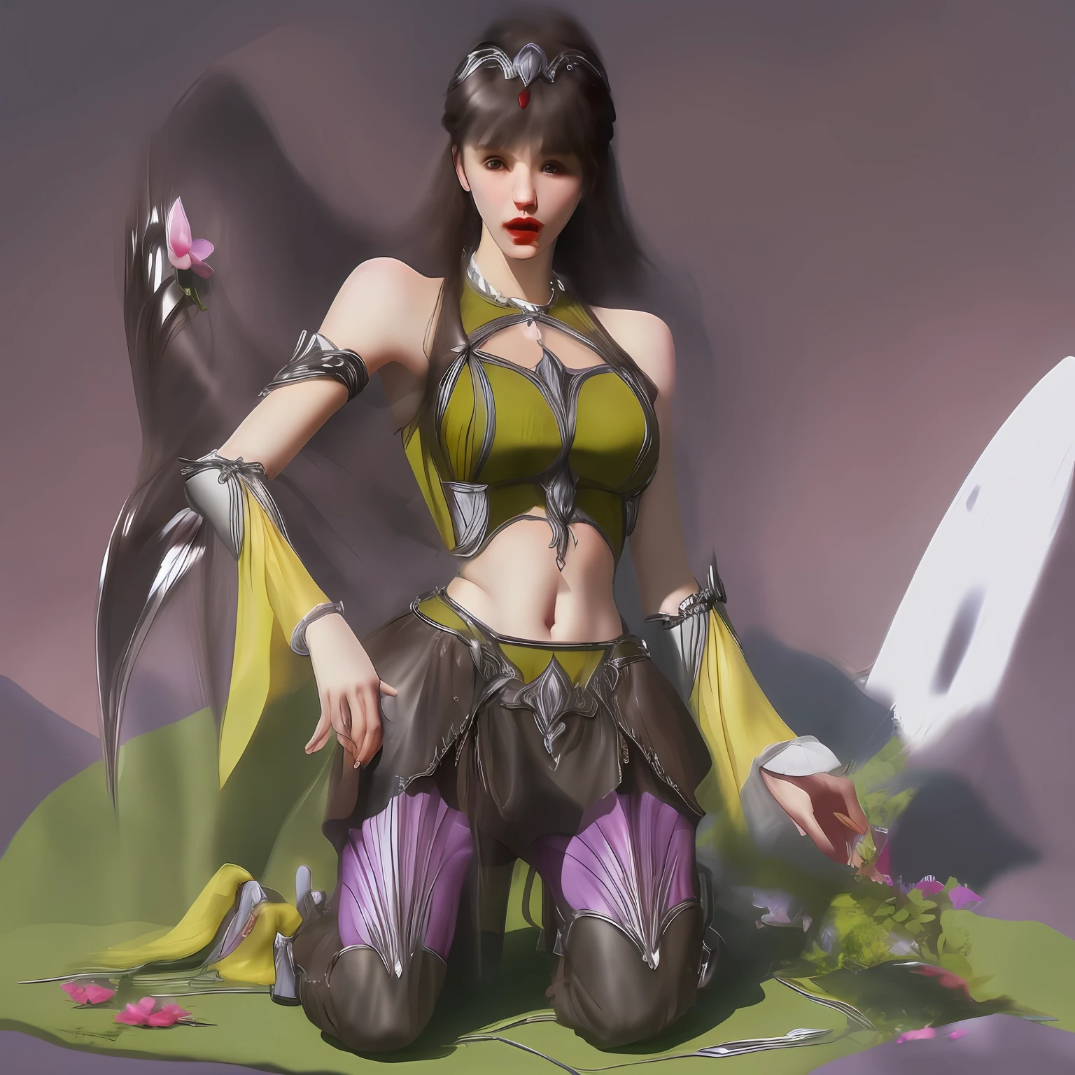 Two-dimensional breasts, wet body, plump buttocks, slightly fat, kneeling and licking bandeau