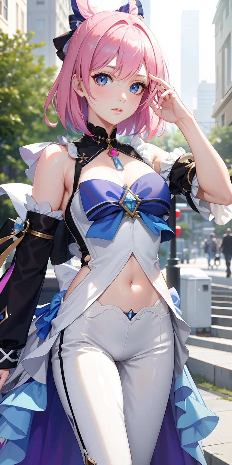 Girl with pink hair and blue eyes walking down the street, Beautiful celestial mage,azur lane style, high detailed official artwork,lunar themed attire, (masterpiece:1.3), (8k, photorealistic, RAW photo, best quality: 1.4), (1girl), beautiful face, (realistic face), (black hair, short hair:1.3), Nice hairstyle,photorealistic eye,Nice detail eyes,(Realistic skin),Beautiful skins,absurd res,enticing,超高分辨率,Ultra photo realsisim,The is very detailed,the golden ratio