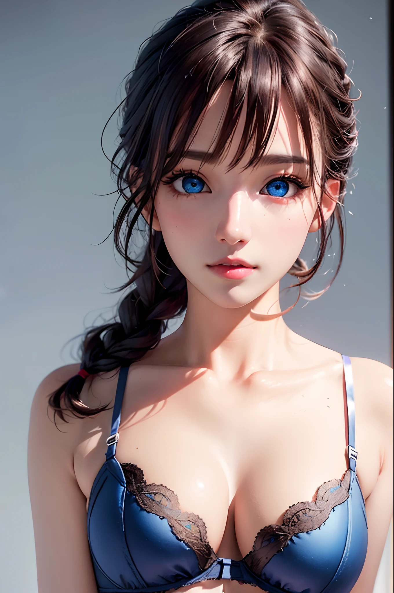 (Masterpiece:1.3),(Beautiful:1.2),(High Quality:1.2),(Fine Details:1.2),(Beautiful Eyes:1.5),Portrait,Realistic,3D Face, (Glowing Eyes:1.1),Glossy Hair,Lustrous Skin,Solo, Embarrassing, Epigastric, Brown Hair, Blue Eyes, Braid Hair, Dull Bangs, (Lingerie: 1.3), Full Body,