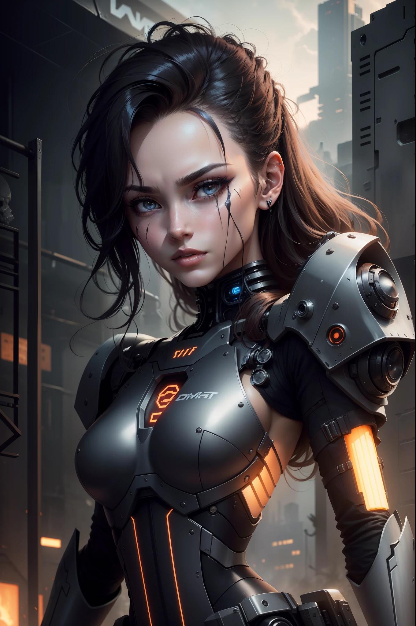 A beautiful female robot warrior in Style-RustMagic,Cyberpunk enhancement,Cyber Software,droid,carbon fibers,Chrome,Implants,metal skull,Cyberboard armor,(Dark atmosphere:1.2),(Fog and smoke),(nigth:1.3),a scar,(Dark, mid-length disheveled hair:1.1),(eye shadows:1.1),detailedfacialfeatures,Clear focus,smoothness,aestheticly pleasing,detailed dark industrial factory background,Stylish pose,Dynamic posture,(dramapaint),(opt-6000-0