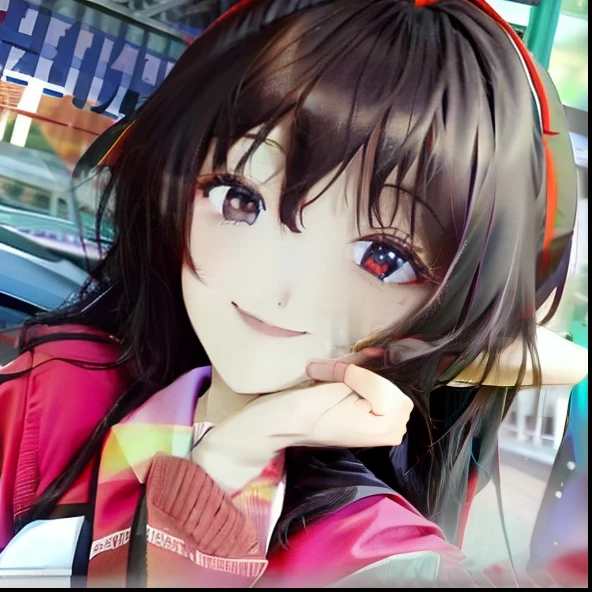 Girl with long black hair and red eyes sitting in the classroom,Wearing a red school uniform,There are two elf-ear-like bows,The left hand dragged the cheek,Smiling,cheeks slightly red