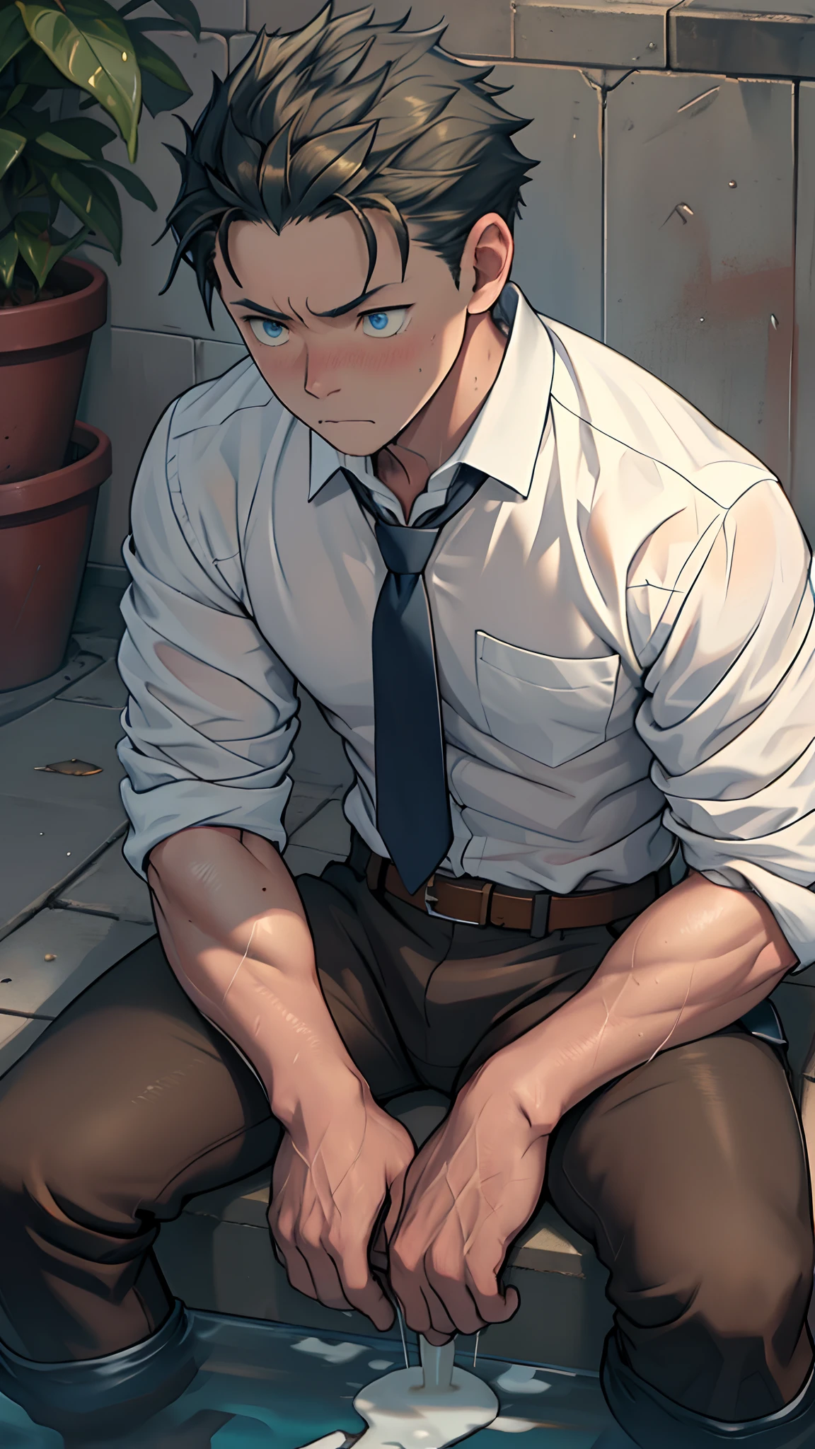 (1 Adult male),A high resolution, Sharp focus, Pixiv masterpiece, ((Complicated details)), highly detailed, natsuki_subaru, 1 man,perfect male figure,Urine on the leg of the trouser, Nervously bow your head,is shy,embarressed,exhilarated,is shocked,panicking,worry,A pool of urine formed around him,Very eager to pee,Unbearable,Wet yourself,Urine discharge,full bodyesbian,sit astride,Tired,decadent, blue color eyes(eyes glowing), Short yellow hair,white shirt,Wear a tie,Wear a belt,trousers,perspire,Drenched,Get wet,pissing,urine flows down the pants,look from down