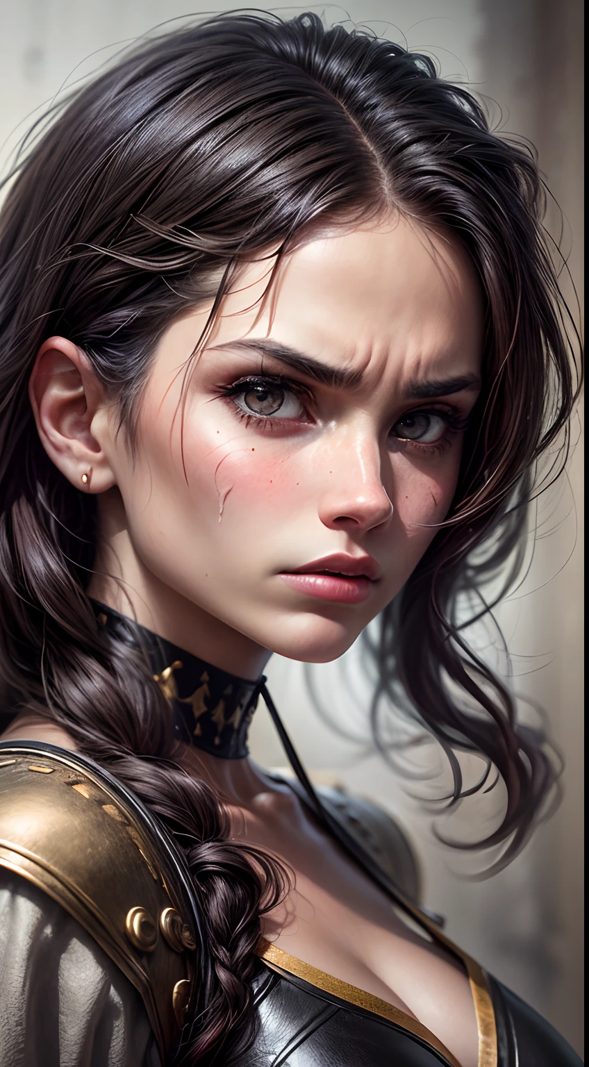 Zooming in on a young woman in the medieval setting, His presence attracts attention, Testimony of his resilience and his battles fought. Its expression is that of anger and severity, His piercing and furious gaze. highlighting the complex lines that tell a story of difficulty and strength. She wears Moroccan caftan covers her entire body respectable and medieval style, with leather garments that exude a sense of robustness and practicality. Un arc repose dans sa main, symbol of his skill and determination. The camera captures the impressive details of his scar, the intensity of her eyes and the complex textures of her clothes. The atmosphere around it is charged with a mixture of defiance and fury.. Photographie, using a portrait lens with a focal length of 85mm to capture fine details