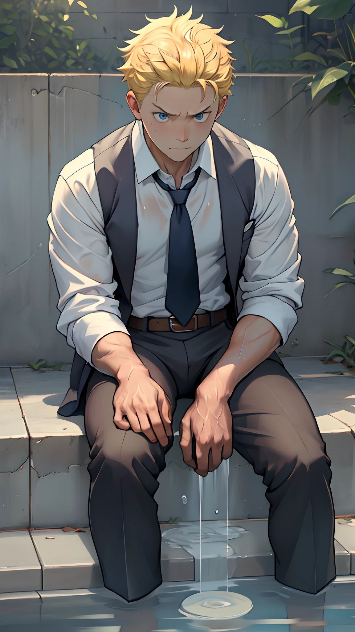(1 Adult male),A high resolution, Sharp focus, Pixiv masterpiece, ((Complicated details)), highly detailed, natsuki_subaru, 1 man,perfect male figure,Urine on the leg of the trouser, Nervously bow your head,is shy,embarressed,exhilarated,is shocked,panicking,worry,A pool of urine formed around him,Very eager to pee,Unbearable,Wet yourself,Urine discharge,full bodyesbian,sit astride,Tired,decadent, blue color eyes(eyes glowing), Short yellow hair,white shirt,Wear a tie,Wear a belt,trousers,perspire,Drenched,Get wet,pissing,urine flows down the pants,look from down