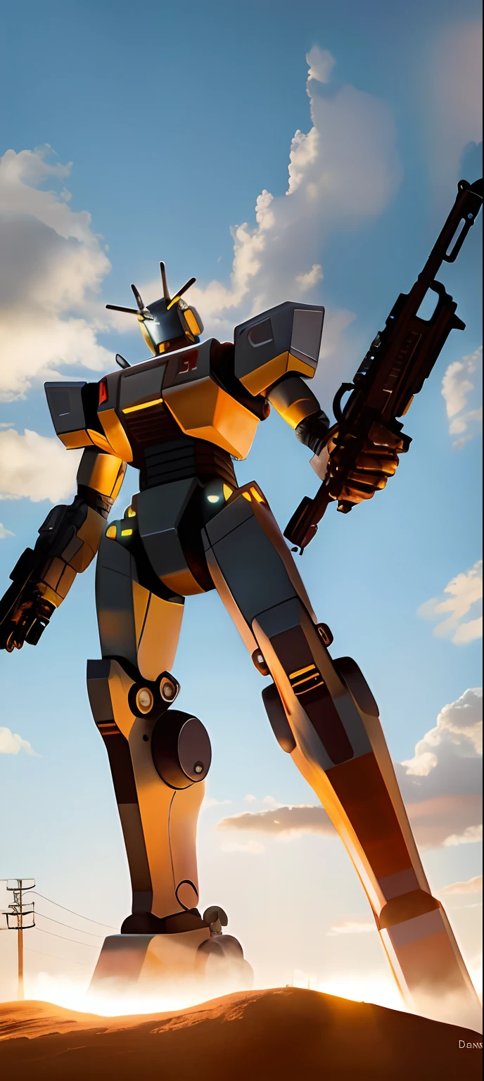 sky, cloud, holding_weapon, no_humans, glowing, , robot, building, glowing_eyes, mecha, science_fiction, city, realistic,mecha