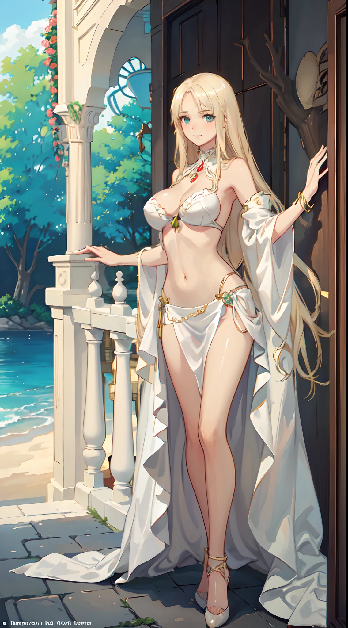 blonde hair, long hair, green eyes, with slender legs and an enticing beach pose, wearing a elegant white gown that shows off her navel, resembling an Arabian belly dancer. She has a short trimmed skirt and her flowing blonde hair is styled in a side ponytail. Her captivating blue eyes exude happiness, while her outfit highlights her alluring cleavage