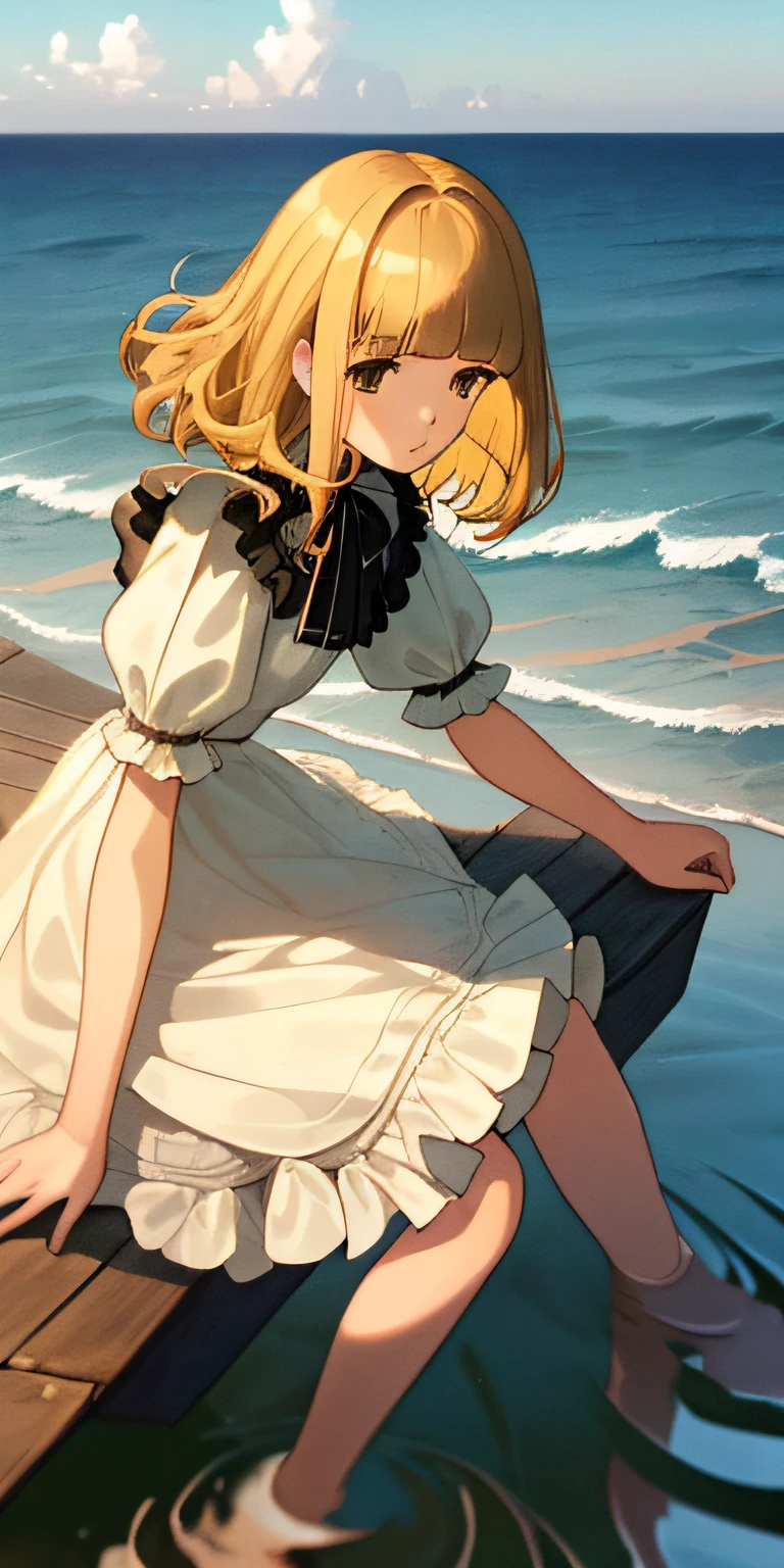 masterpiece, best quality, 1girl, portrait, sitting, blunt bangs, medium hair, , blonde hair, dress, frills, outdoors, horizon, sky, ocean, water, water world, waves, ripples, ,