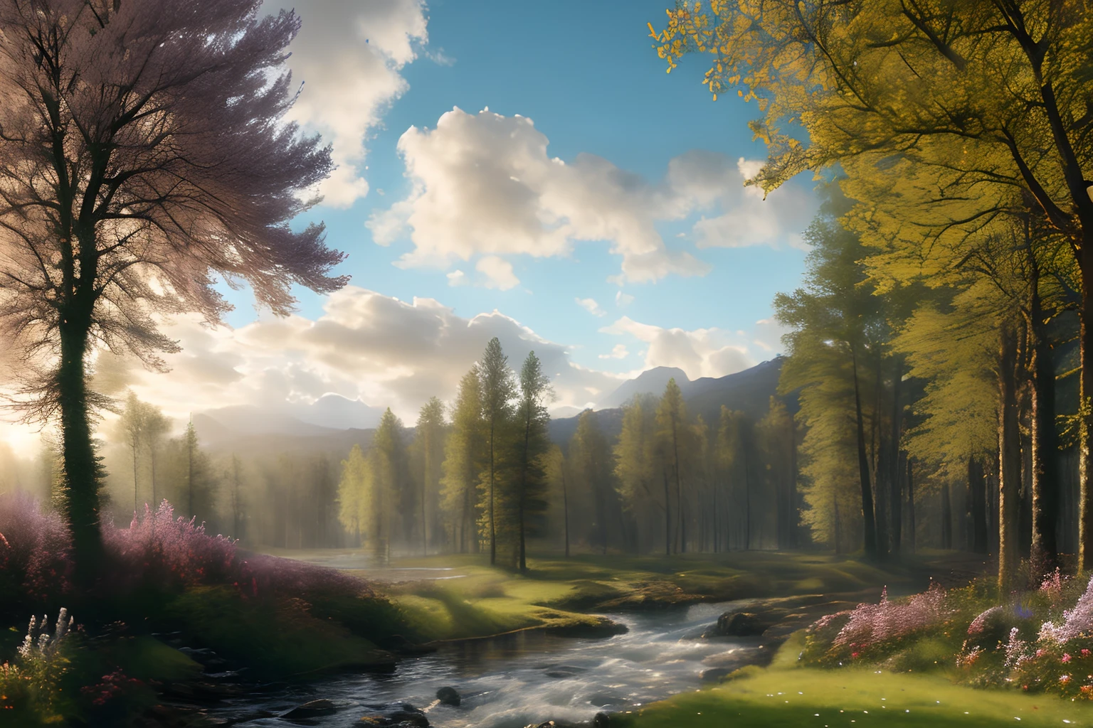 Paysage forestier au printemps , Eau cristalline, ciel azur lumineux, ,(Highly detailed CG Unit 8k wallpaper), The most beautiful work of art in the world, Professional majestic oil painting, complexe, High detail, mise au point nette, dramatique, Art of photorealist painting, Alma Tadema