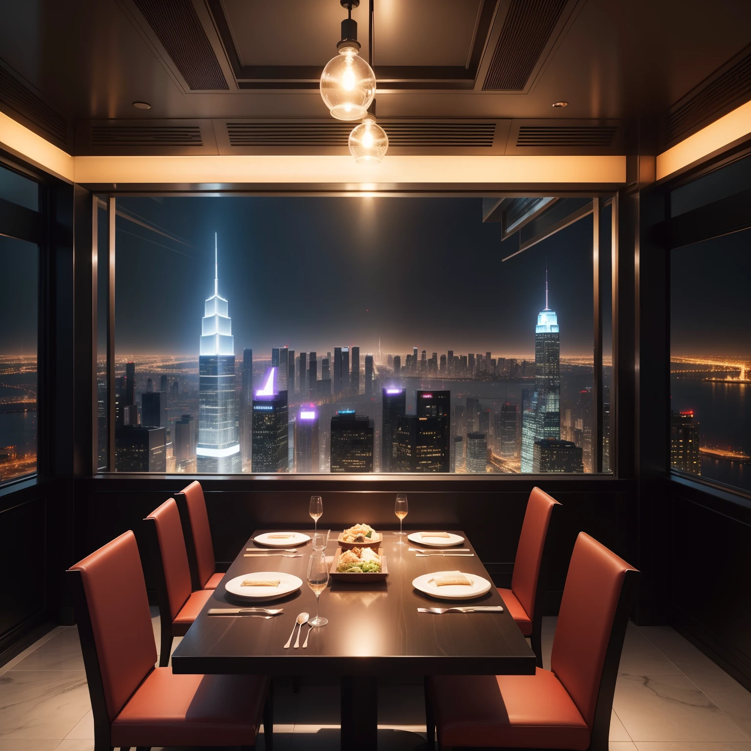 Stylish restaurant with a night view of skyscrapers、cooking a、top-quality、masterpiece、超A high resolution、near future