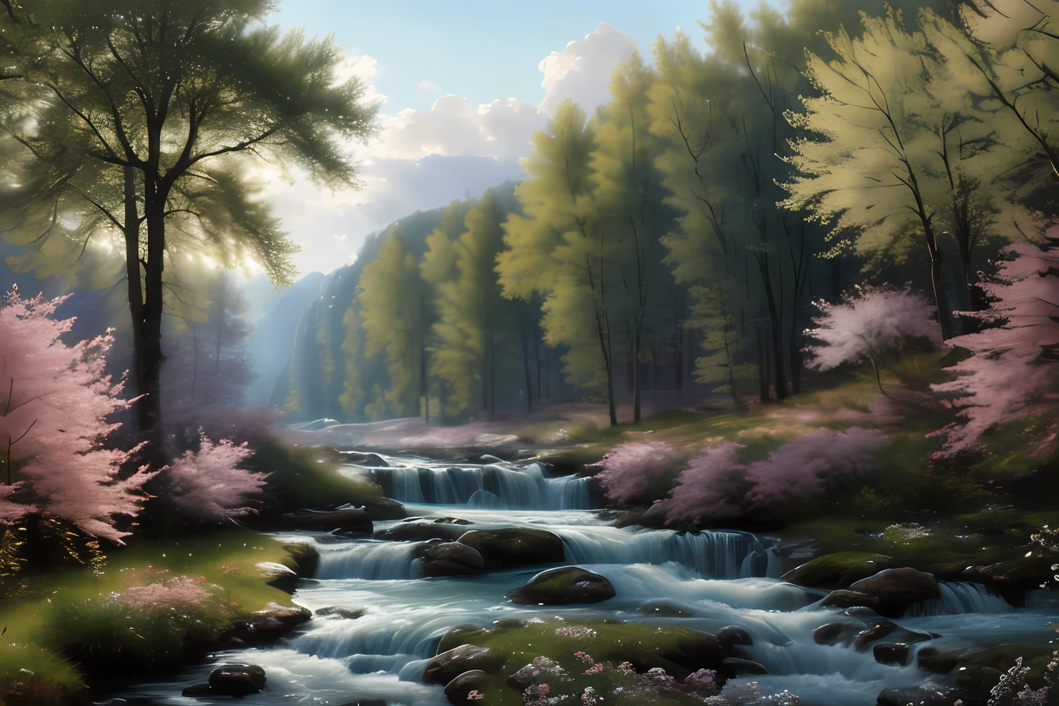 Paysage forestier au printemps , Eau cristalline, ciel azur lumineux,  ,(Highly detailed CG Unit 8k wallpaper), The most beautiful work of art in the world, Professional majestic oil painting, complexe, High detail, mise au point nette, dramatique, Art of photorealist painting, Alma Tadema