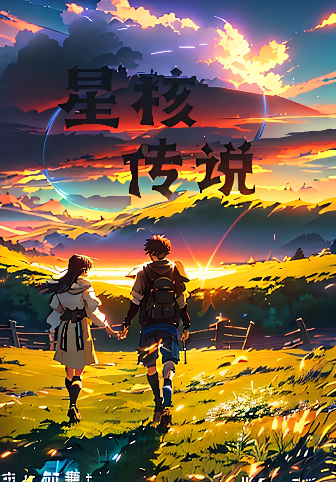 Anime poster for two people walking in a field,The background is a mountain, makoto shinkai and bioware, Guweiz e Makoto Shinkai, Guviz-style artwork, front cover of a new video game, in the style of makoto shinkai, Guviz, makoto shinkai movie, Shinkai sincerely