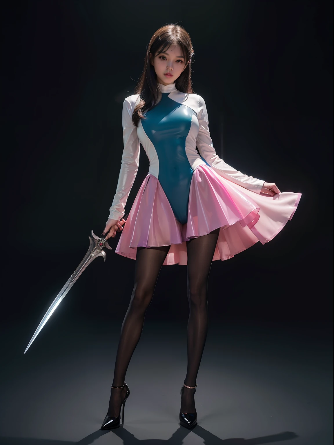 (full body:1.5),(looking at viewer:1.4),(anatomy correct:1.3), (Wearing Pantyhose, pointed toe high-heeled, and Female Templar Suit,And hold weapons:1.2), (Combat posture:1.3),(In pink|amarelo|blue colors|green color|red colour|white colors|black in color|purpleish color|greys|Beige|Flesh color 1.4),(Accurate and perfect face:1.4),(Clothing Gloss:1.3),A shallow laugh,,hyper HD, Ray traching, reflective light,structurally correct, Award-Awarded, high detal, lightand shade contrast, Face lighting,cinmatic lighting, tmasterpiece, super detailing, high high quality, high detal, best qualityer, 16k,high contrast,