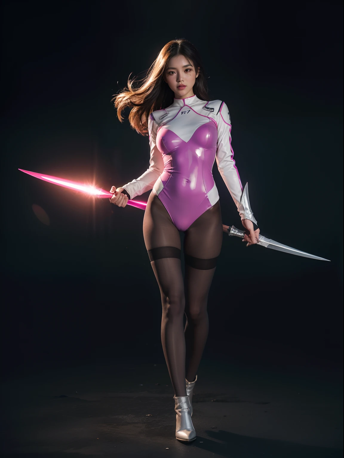(full body:1.5),(looking at viewer:1.4),(anatomy correct:1.3), (Wearing Pantyhose, pointed toe high-heeled, and Female Templar Suit,And hold weapons:1.2), (Combat posture:1.3),(In pink|amarelo|blue colors|green color|red colour|white colors|black in color|purpleish color|greys|Beige|Flesh color 1.4),(Accurate and perfect face:1.4),(Clothing Gloss:1.3),A shallow laugh,,hyper HD, Ray traching, reflective light,structurally correct, Award-Awarded, high detal, lightand shade contrast, Face lighting,cinmatic lighting, tmasterpiece, super detailing, high high quality, high detal, best qualityer, 16k,high contrast,
