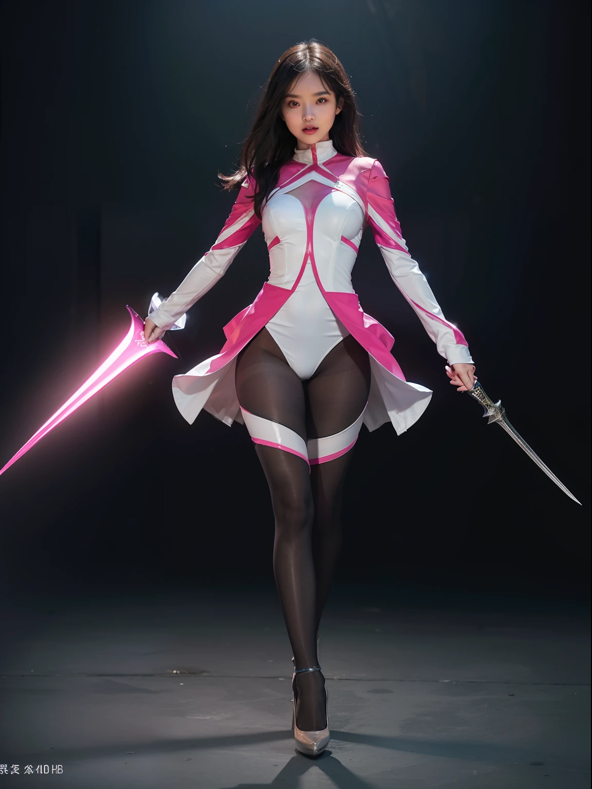 (full body:1.5)，(looking at viewer:1.4)，(anatomy correct:1.3)， (Wearing Pantyhose, pointed toe high-heeled, and Female Templar Suit，And hold weapons:1.2), (Combat posture:1.3),(In pink|amarelo|blue colors|green color|red colour|white colors|black in color|purpleish color|greys|Beige|Flesh color 1.4)，(Accurate and perfect face:1.4),(Clothing Gloss:1.3),A shallow laugh,,hyper HD, Ray traching, reflective light，structurally correct, Award-Awarded, high detal, lightand shade contrast, Face lighting，cinmatic lighting, tmasterpiece, super detailing, high high quality, high detal, best qualityer, 16k，high contrast,