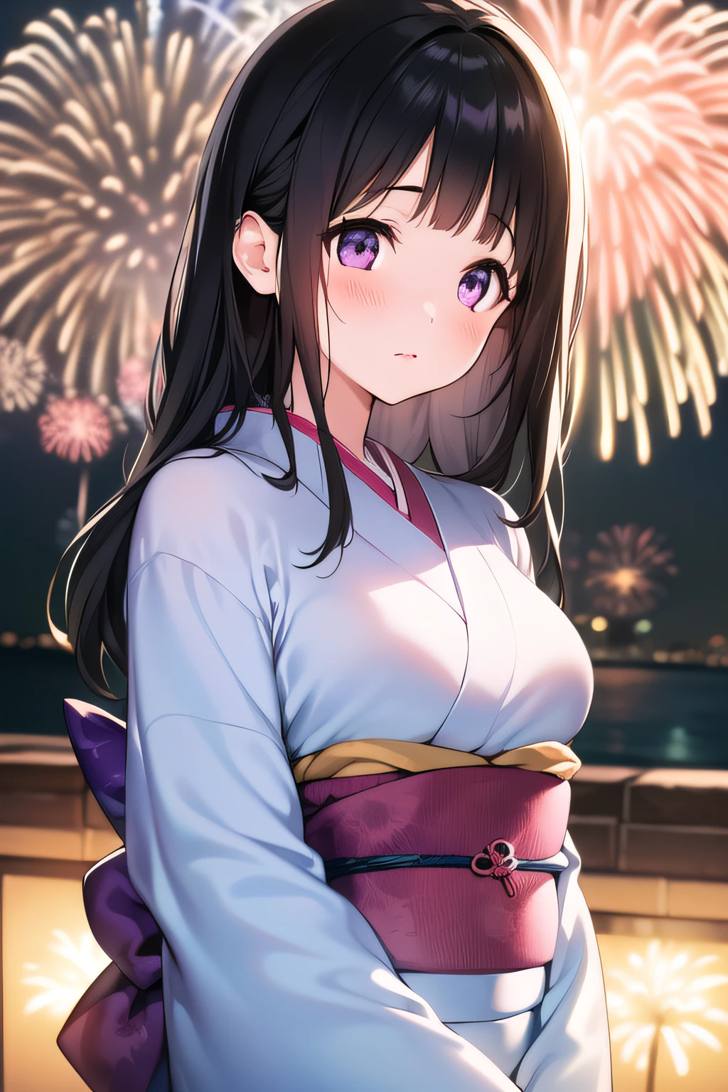 A superb exquisite Chitanda Eru, purple eyes, black long hair, chignon, straight bangs, (Small_breasts: large_breasts: 0.4), solo, ((kimono)), ((blush_face)), ((pleasure_expression)), ((fireworks)), extremely delicate, straight facial features, peerless beautiful girl, soft, (kawaii), dreamy quality, light white and dark brown, exaggerated facial features, solid color, delicate face, bright lips slightly open, slender waist, soft curves, real light and shadow, super fine, 4k, natural moving, Ultra high resolution, (masterpiece:1.2, best quality), (finely detailed beautiful eyes: 1.2), (beautiful detailed face)