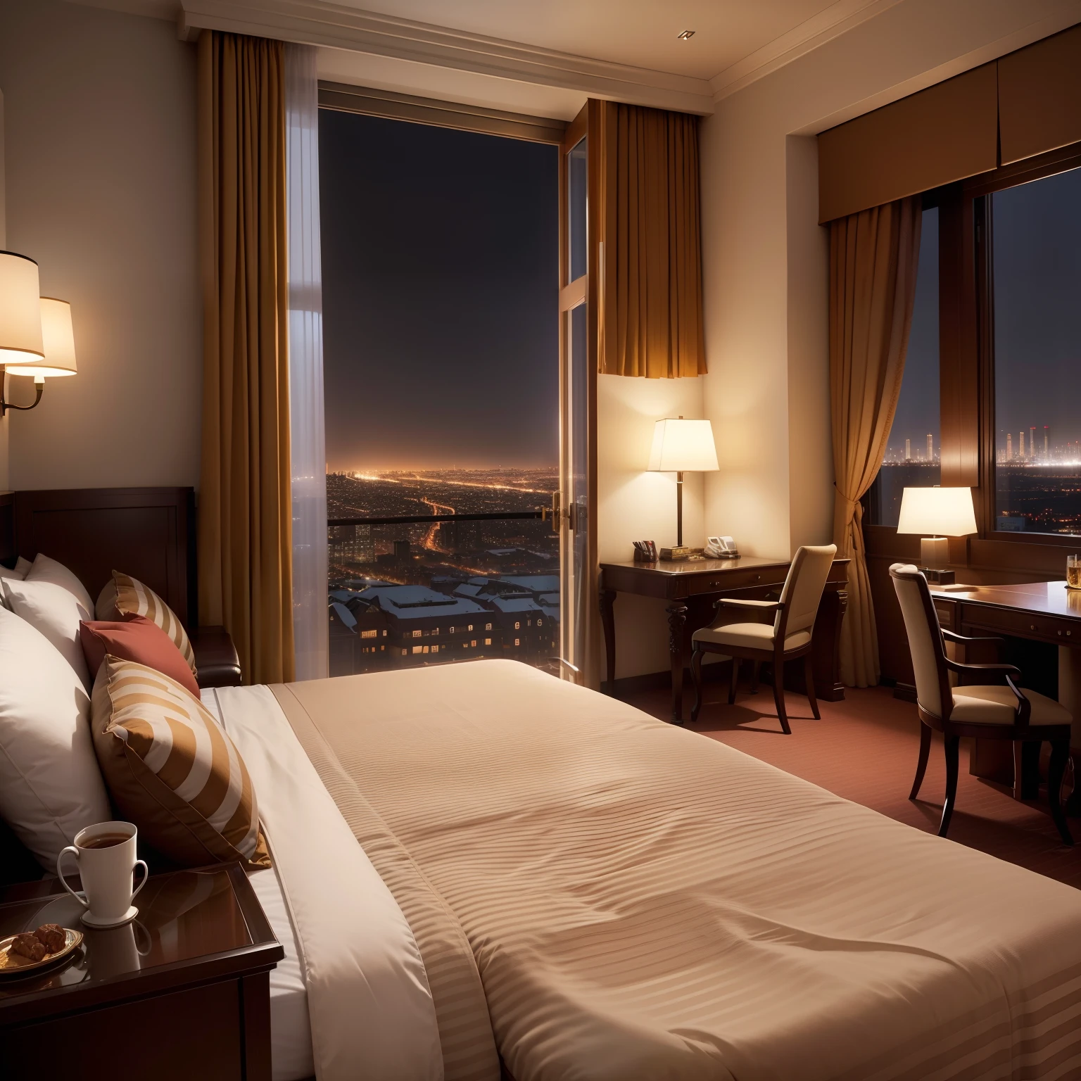 Hotel room with night view high class top-quality masterpiece 超A high resolution a gorgeous