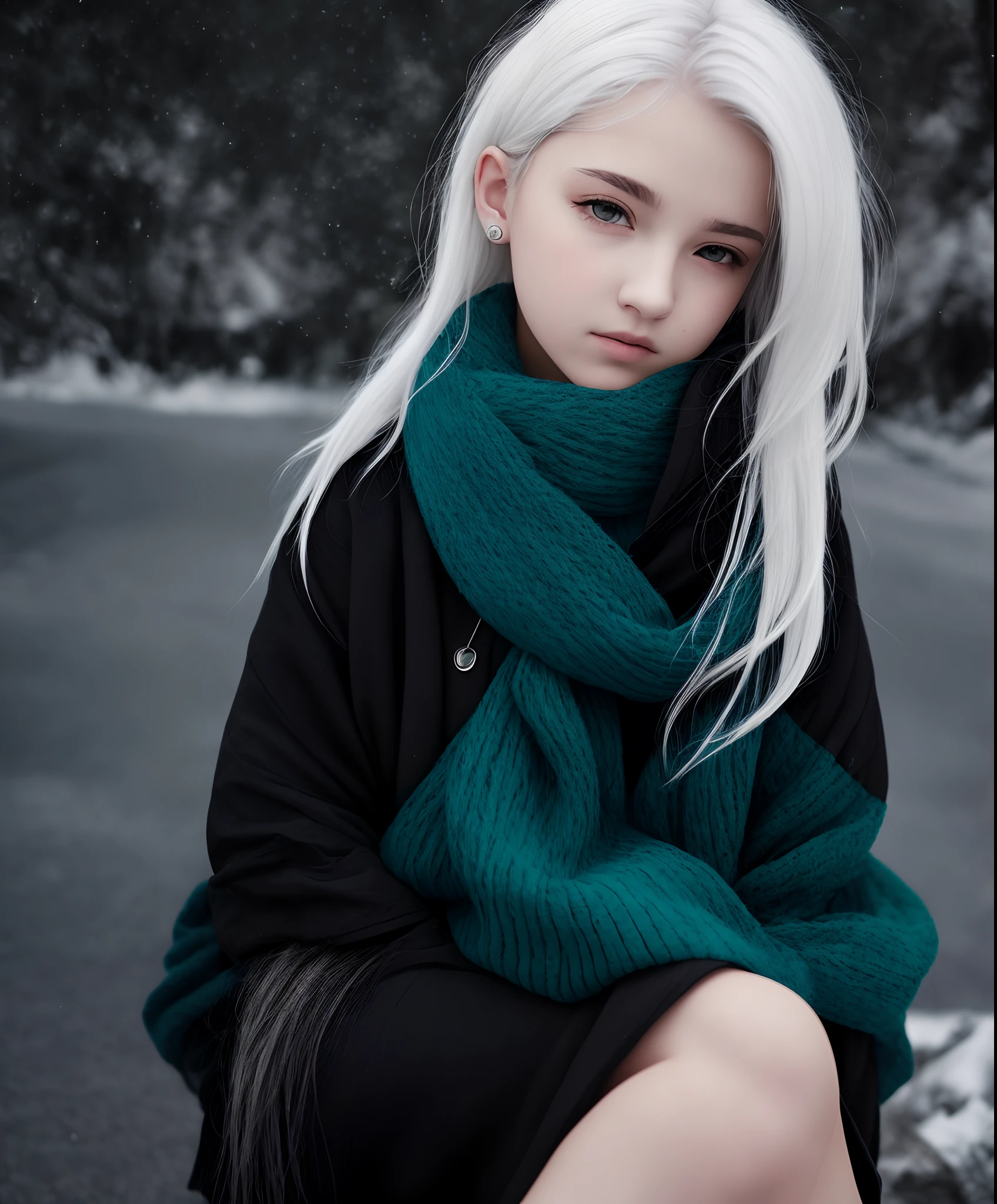 White hair，teens girl，Cold，blue colors