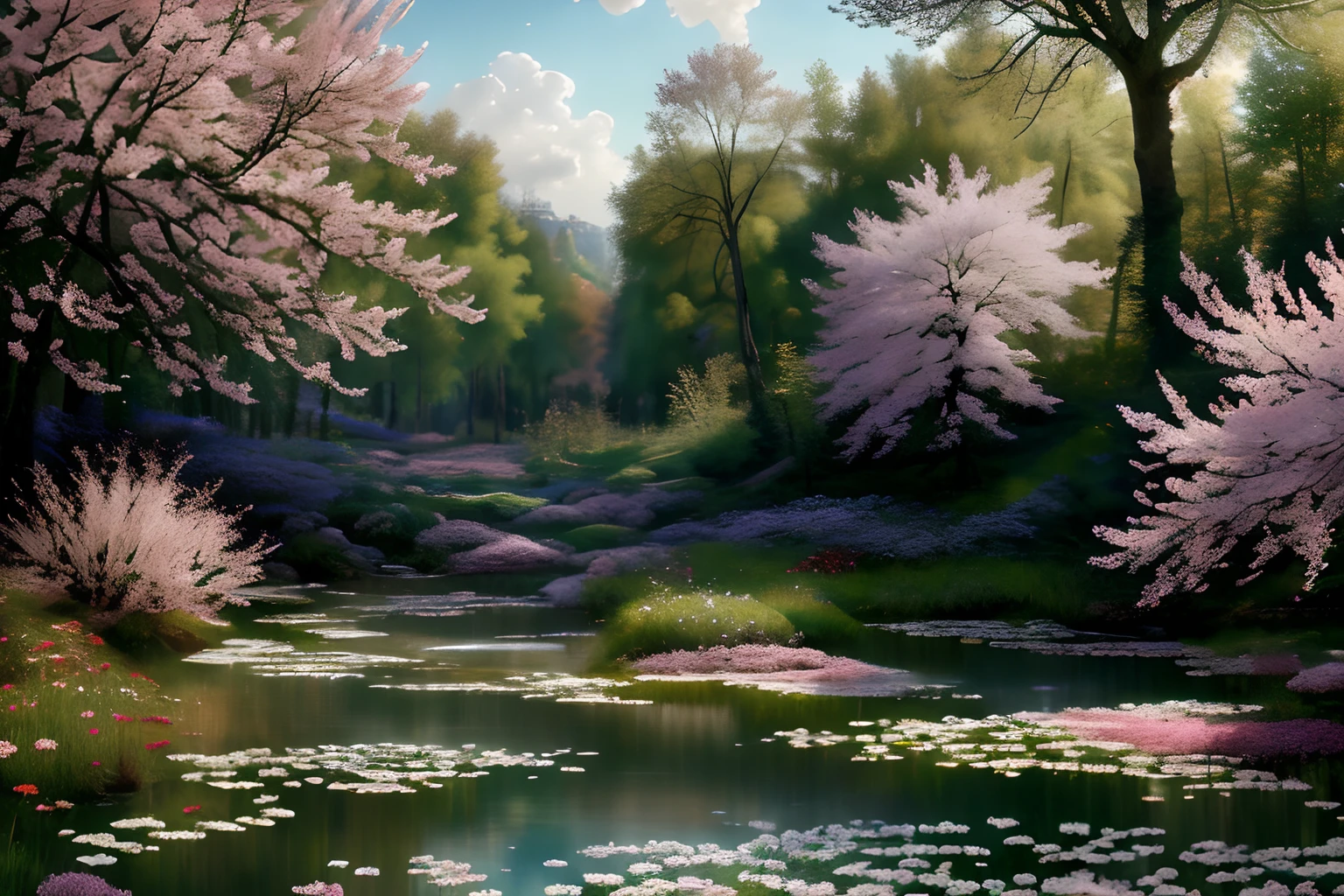 Paysage forestier au printemps , Eau cristalline, ciel azur lumineux, fleurs glycines ,(Highly detailed CG Unit 8k wallpaper), The most beautiful work of art in the world, Professional majestic oil painting, complexe, High detail, mise au point nette, dramatique, Art of photorealist painting, Alma Tadema