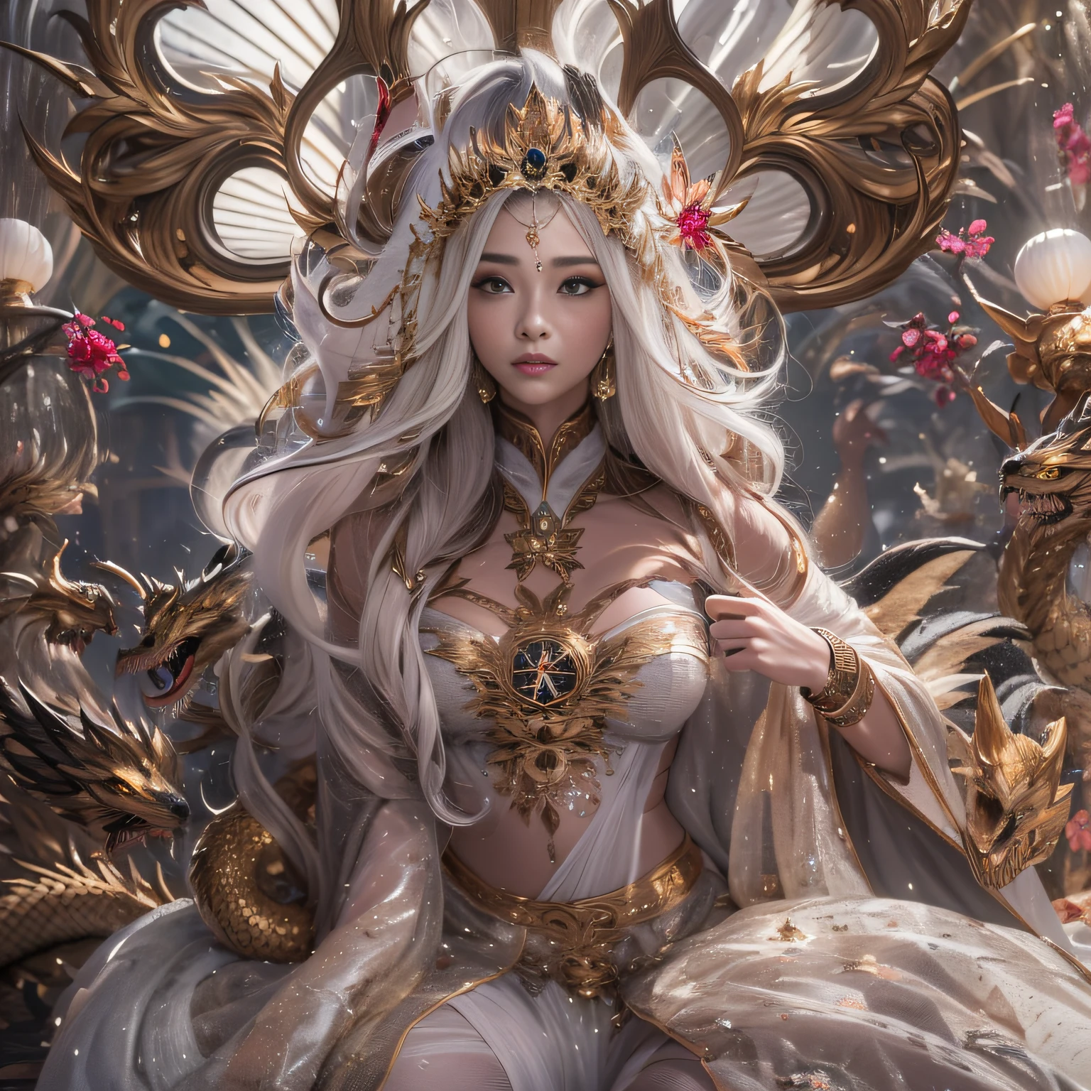 16k(tmasterpiece,k hd,hyper HD,16k)short detailed hair,Gold jewelry area in the back room,Smoke ring girl ,Bronze Dragon Protector (realisticlying:1.4),Python pattern robe,Purple-pink tiara,Snowflakes fluttering,The background is pure,Hold your head high,Be proud,The nostrils look at people, A high resolution, the detail, RAW photogr, Sharp Re, Nikon D850 Film Stock Photo by Jefferies Lee 4 Kodak Portra 400 Camera F1.6 shots, Rich colors, ultra-realistic vivid textures, Dramatic lighting, Unreal Engine Art Station Trend, cinestir 800,Hold your head high,Be proud,The nostrils look at people
