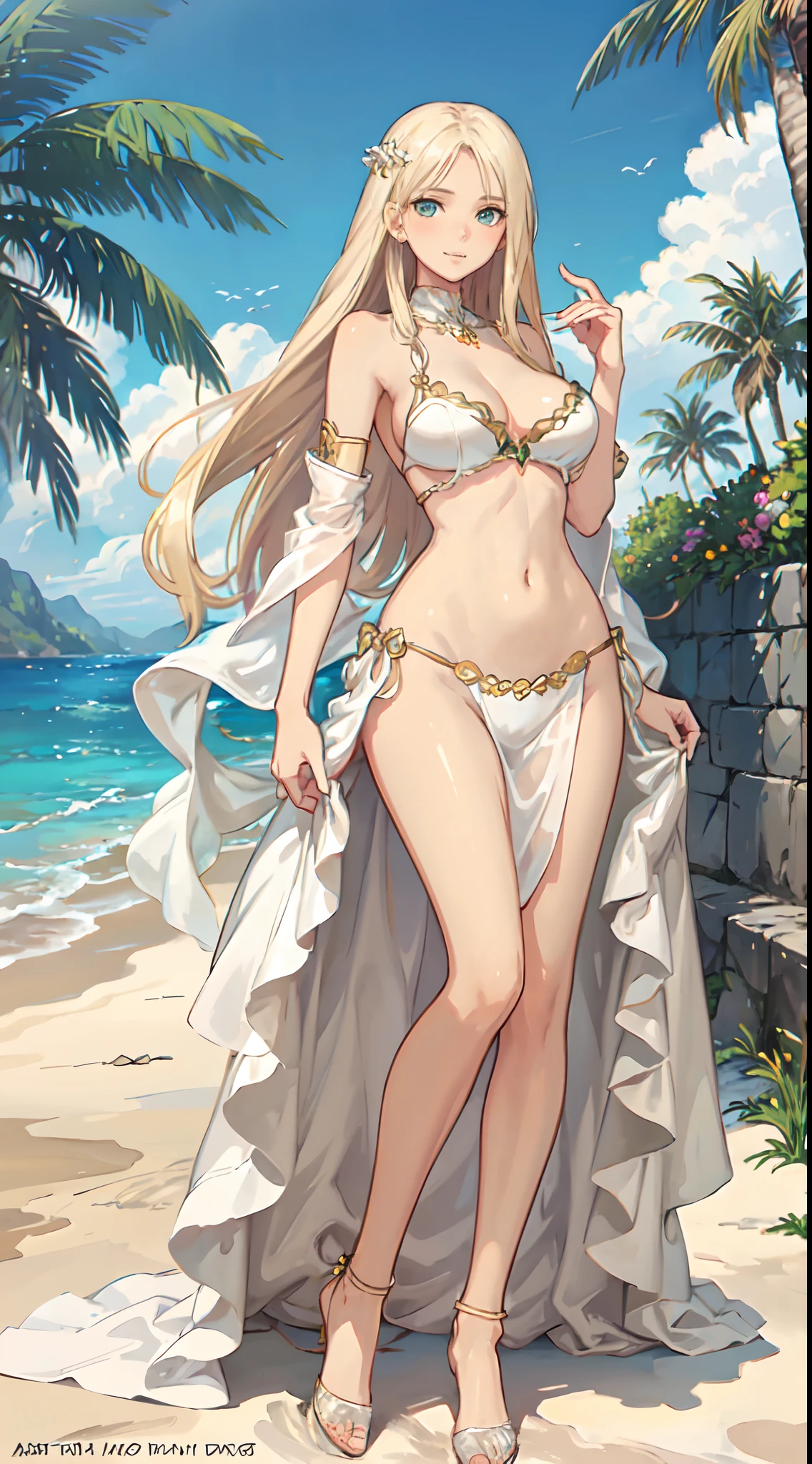 blonde hair, long hair, green eyes, with slender legs and an enticing beach pose, wearing a elegant white gown that shows off her navel, resembling an Arabian belly dancer. She has a short trimmed skirt and her flowing blonde hair is styled in a side ponytail. Her captivating blue eyes exude happiness, while her outfit highlights her alluring cleavage