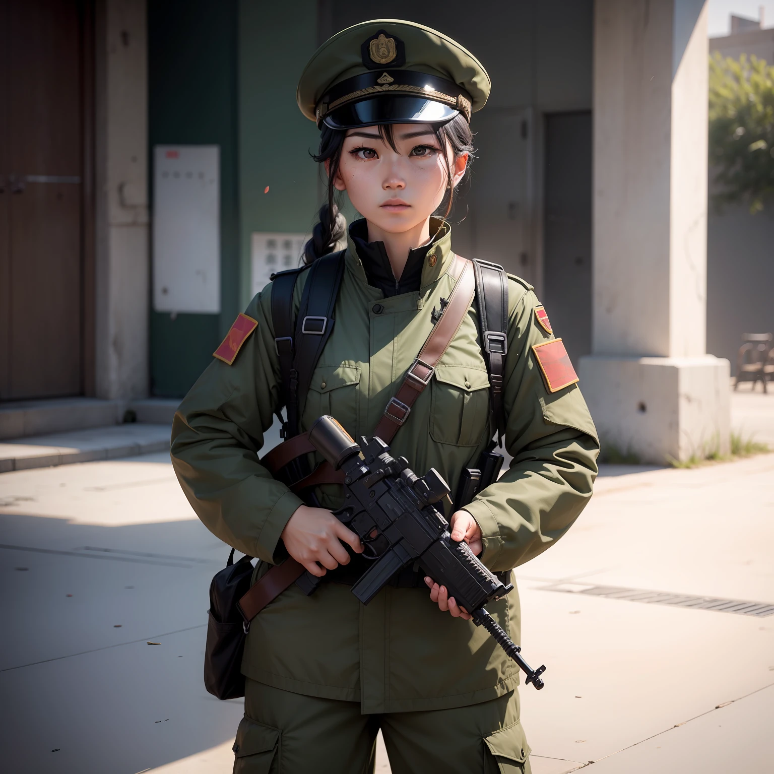 A heroic female PLA soldier，With a submachine gun in his hand，Look ahead