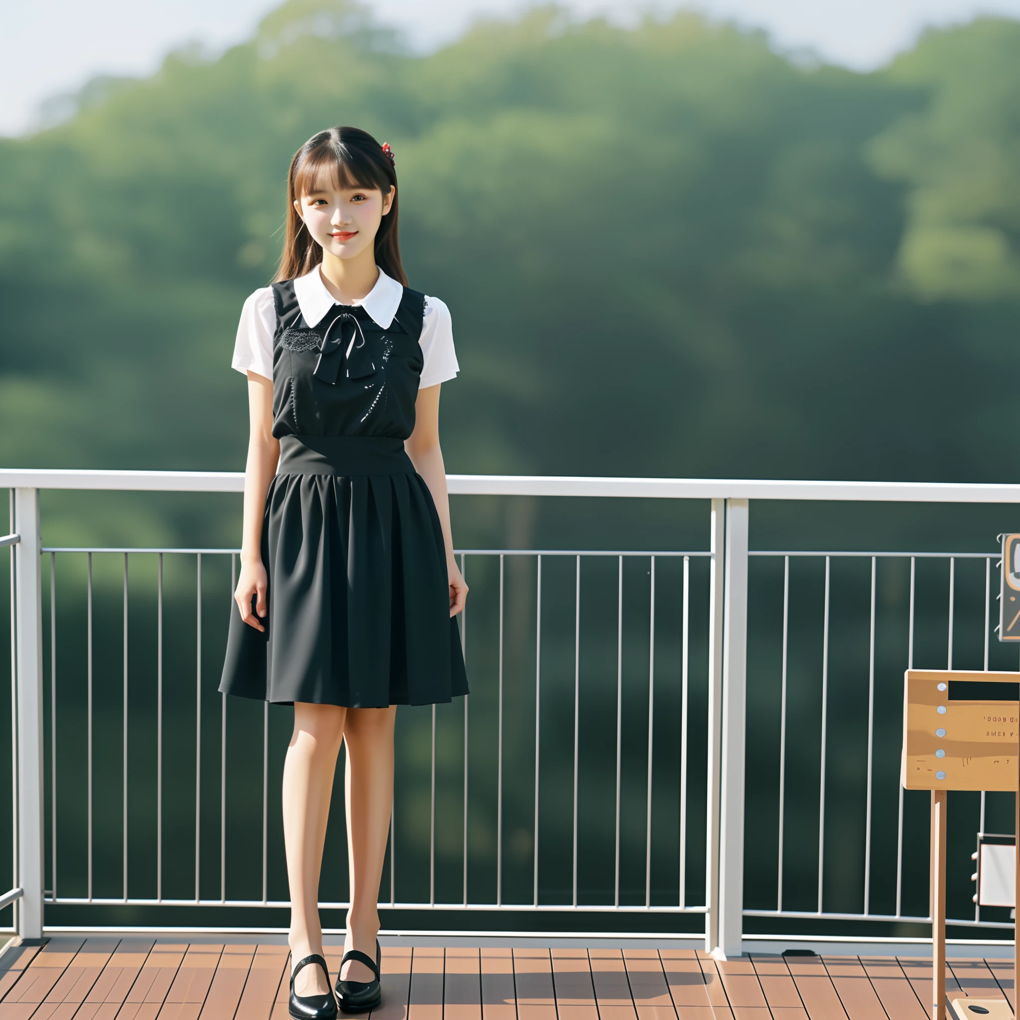 There was one standing on the deck wearing a skirt, Girl in black dress, Real life high school girl, Cute wearing dress realistic,8K, Guviz-style artwork, Realistic realistic young girl