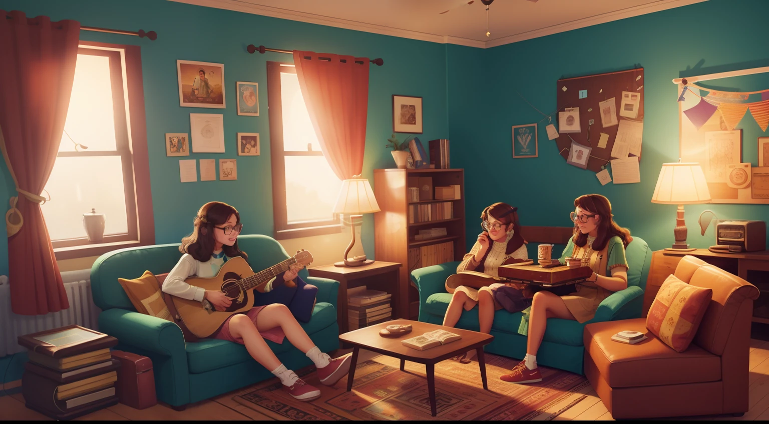 Within a dormitory common room adorned with eclectic decor, students gather for an evening of camaraderie. A girl in retro glasses strums a guitar, her melodies blending with the soft crackling of a record player. Friends lounge on vintage couches, engrossed in lively conversation and board games spread across an old coffee table. Warm light filters through sheer curtains, casting a cozy glow on the scene, fostering an ambiance of shared memories and friendship.
