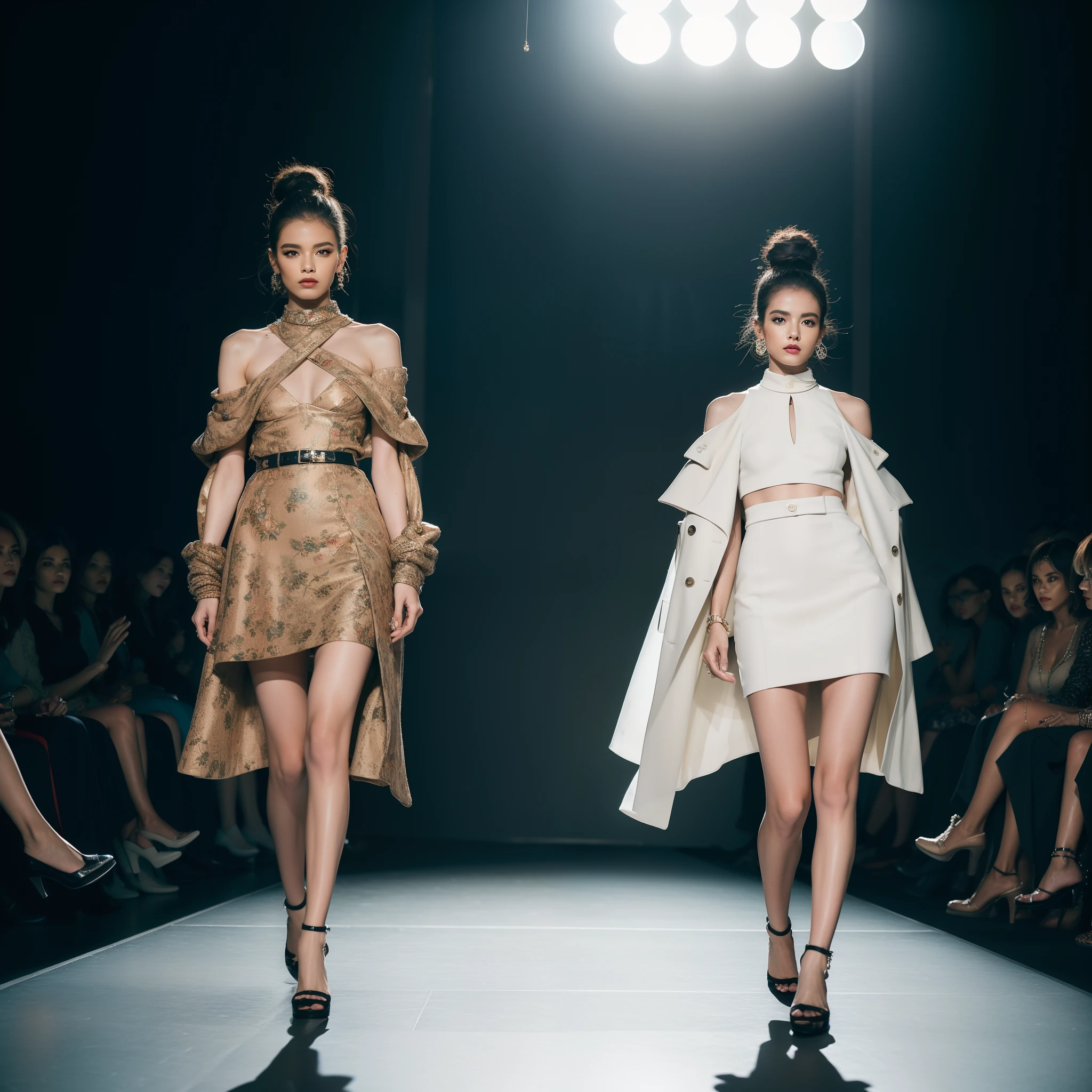 ((Fashion Editorial)), full body, long shot, masterpiece, best quality, ultra-detailed, São Paulo fashion week, Cheerful, Happy, walking down the catwalk, amazing decor, surreal fashion looks, Shadows, analogue style, fullbody, cinematiclight, side-lighting, Ultra high resolution, best shadow, hyperrealism .RAW 8k.