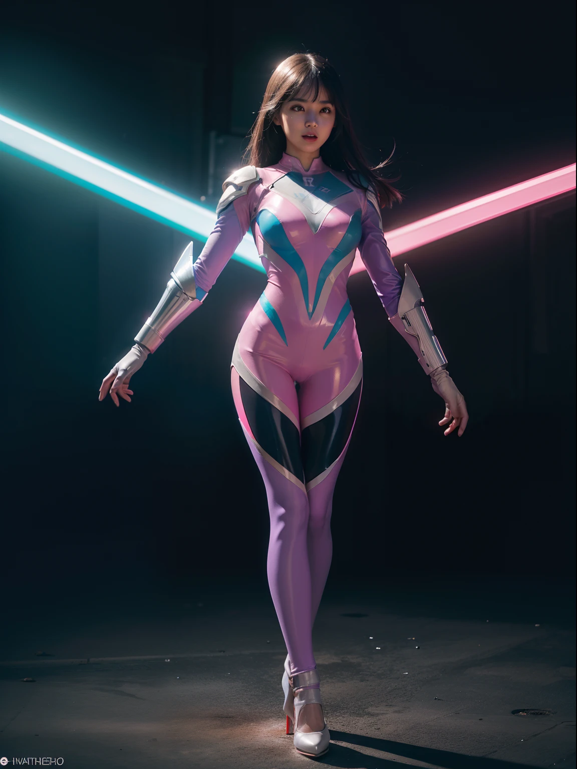 (full body:1.5),(looking at viewer:1.4),(anatomy correct:1.3), (Wearing Pantyhose, pointed toe high-heeled, and Female Ultraman Suit:1.2), (Combat posture:1.3),(In pink|amarelo|blue colors|green color|red colour|white colors|black in color|purpleish color|greys|Beige|Flesh color 1.4),(Accurate and perfect face:1.4),(Clothing Gloss:1.3),A shallow laugh,,hyper HD, Ray traching, reflective light,structurally correct, Award-Awarded, high detal, lightand shade contrast, Face lighting,cinmatic lighting, tmasterpiece, super detailing, high high quality, high detal, best qualityer, 16k,high contrast,
