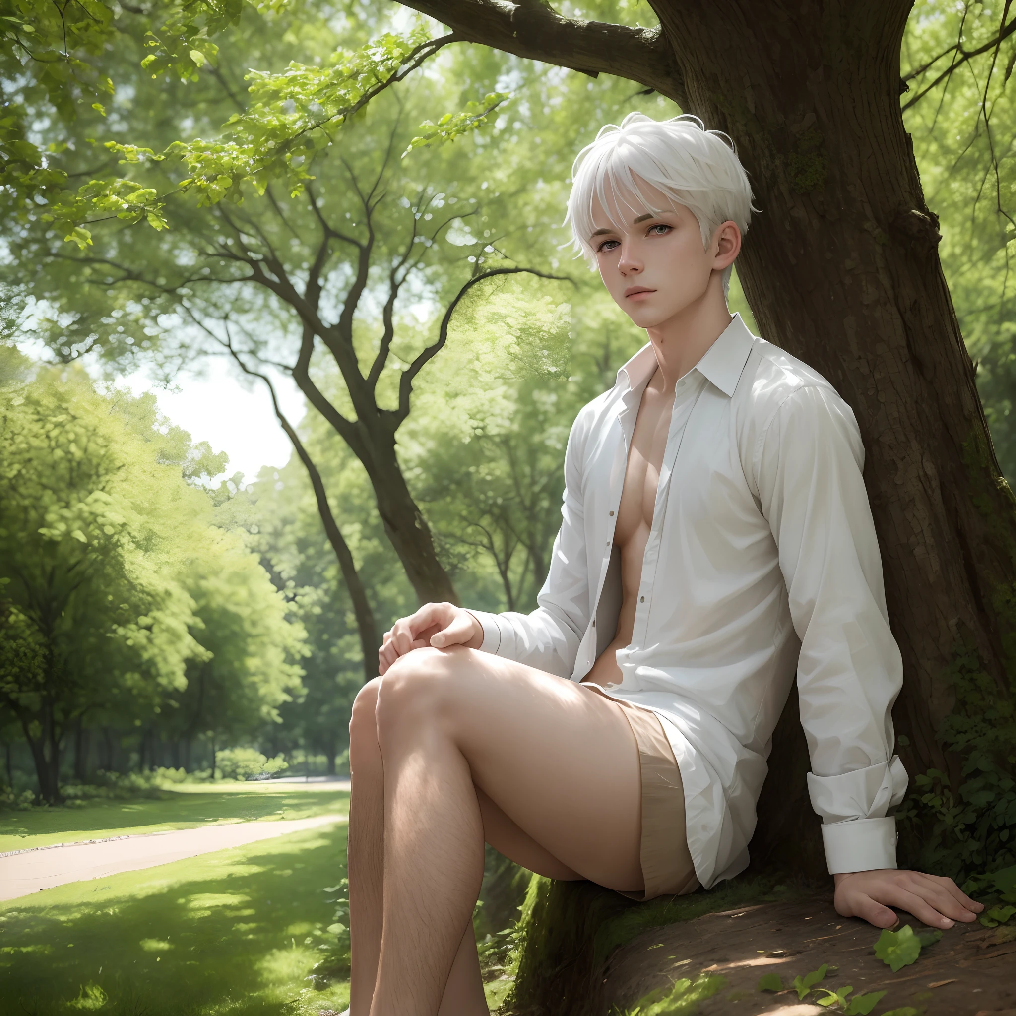 White-haired boy，Under the trees，full bodyesbian，Need，A high resolution --auto