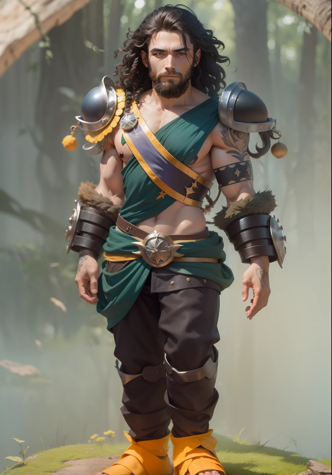 Humano, homem, druida, barbarella, selvagem, floresta, magico, mago, bruxo, heroico, cabelo cacheado, barba, tatuagens, tatuagens magicas.