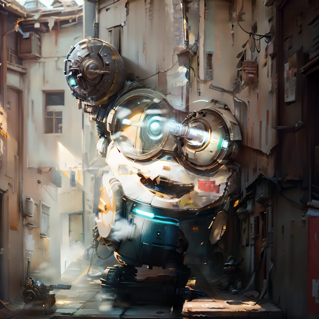 Concept art
Post-Apo AI　droid,at noon ,outside of house、during daytime、with light glowing