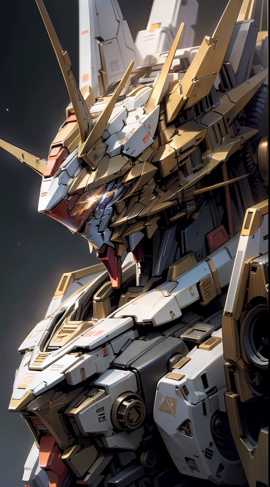 ((Masterpiece, better quality)), illustration, ultra-detailed 8k, realistic, sharp focus, very detailed, professional lighting, colorful details, cosmic starry sky, large mechanical robot structure, Gundam, glossy, intricate details, cyberpunk, upper body, Gundam, Golden Gundam, dragon, shitu-mecha,