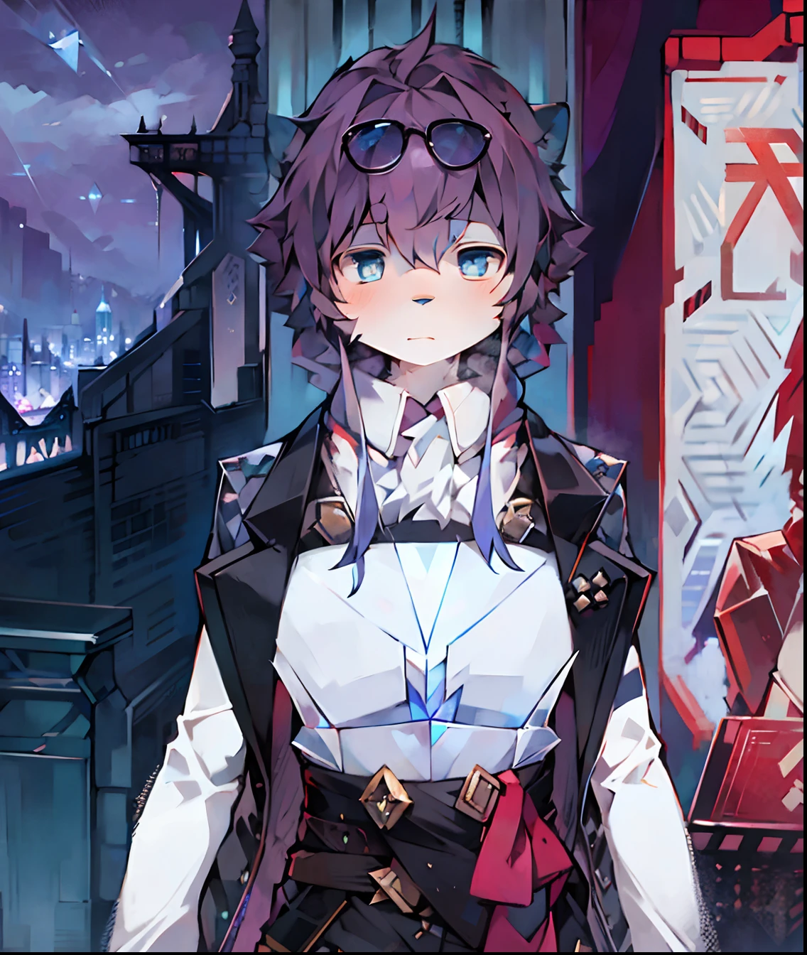 Highest quality, delicate painting style, delicate hook line, masterpiece, delicate skin, delicate hair, complete painting, masterpiece, delicate hands, delicate eyes, normal eyes, gray cat ears, furry, black frame round glasses, blue eyes, handsome, ((white scarf)), cat style, Shota, cyberpunk, blue pupils, city night view, gray crystal wings, mottled light and shadow, boy, bright eyes of God. , crystal shards in the air, cities, gray fur