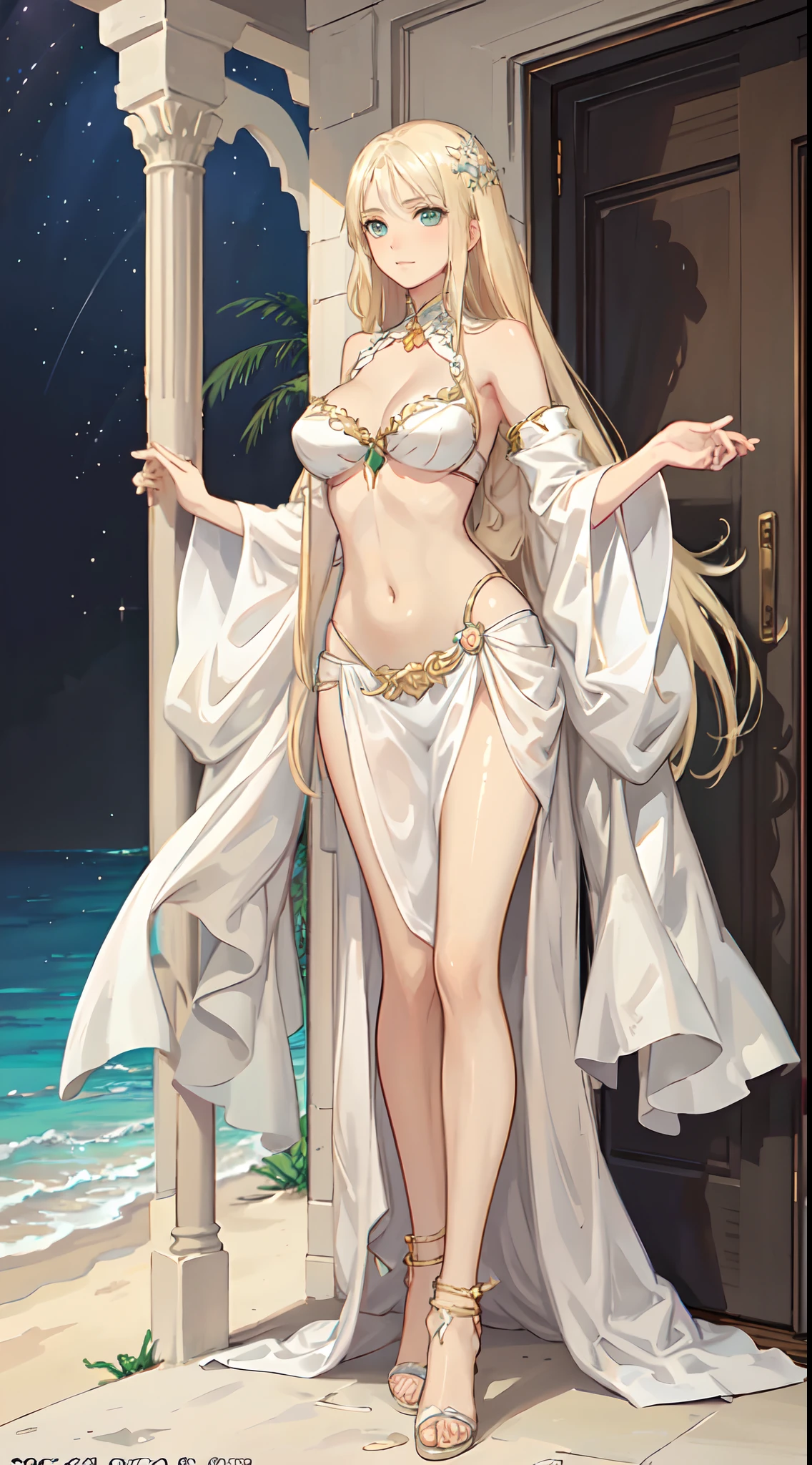 blonde hair, long hair, green eyes, with slender legs and an enticing beach pose, wearing a elegant white gown that shows off her navel, resembling an Arabian belly dancer. She has a short trimmed skirt and her flowing blonde hair is styled in a side ponytail. Her captivating blue eyes exude happiness, while her outfit highlights her alluring cleavage