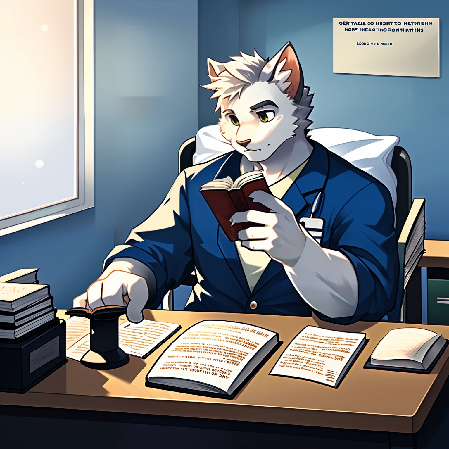 Pure white kitten,The male,Reading a book at a desk in the hospital