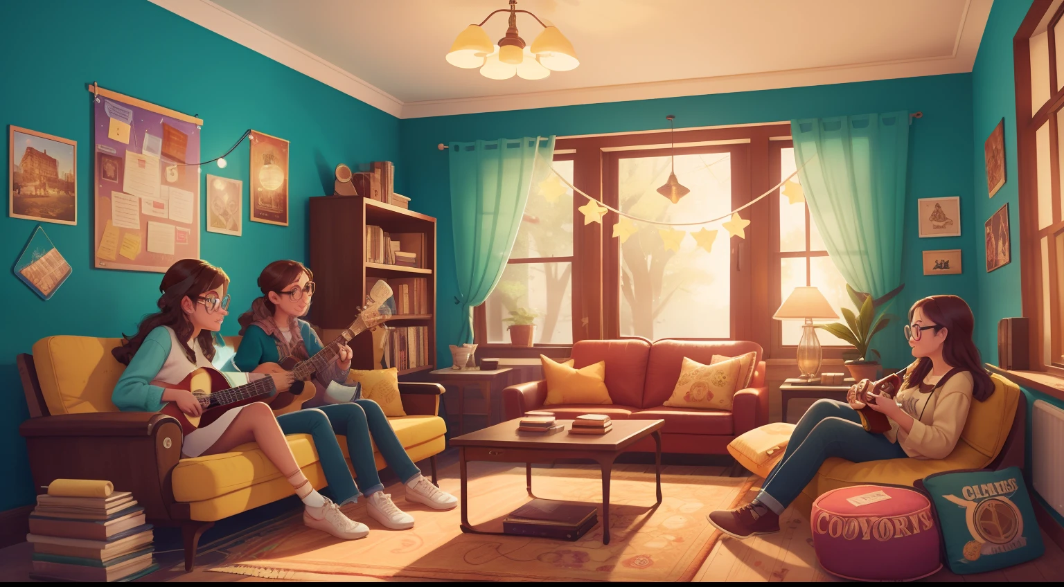Within a dormitory common room adorned with eclectic decor, students gather for an evening of camaraderie. A girl in retro glasses strums a guitar, her melodies blending with the soft crackling of a record player. Friends lounge on vintage couches, engrossed in lively conversation and board games spread across an old coffee table. Warm light filters through sheer curtains, casting a cozy glow on the scene, fostering an ambiance of shared memories and friendship.