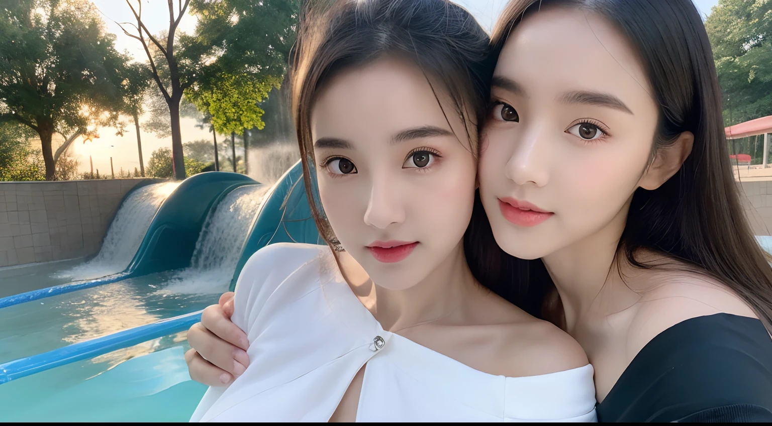 (High-resolution 8K raw photos are realistic,best qualtiy,),Stylish long-sleeved off-the-shoulder top,Mini water pattern skirt,(half-body shots,Close-up),Brown hair,Skinny and small,beautidful eyes,Super detailed face,Beautiful woman,tight-fitting,Big breasts Thin waist,Bigchest,Teenage uncensored,cute female ,Glowing skin,20yr old,(waterpark,Slides,The fountain,Stores,rays of sunshine:1.3),Sharpen,Chiffon,Gauze skirt,lacing,Front light,cleavage,1 Woman in the water