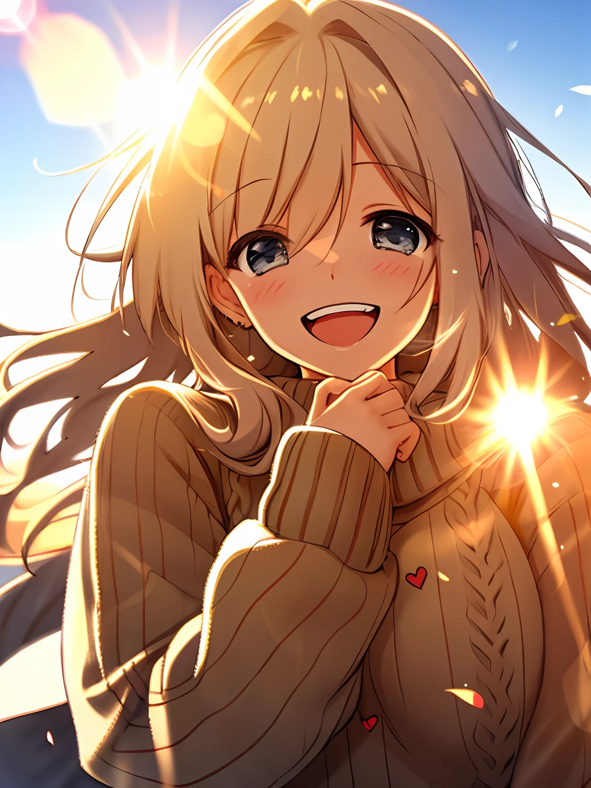 a girl, cosy sweater on, upper body, (huge Laughing:1.1), (open mouth:1.1), (wide open eyes:1.2), sun glare, bokeh, depth of field, blurry background, light particles, strong wind, (heart particles:1.1)