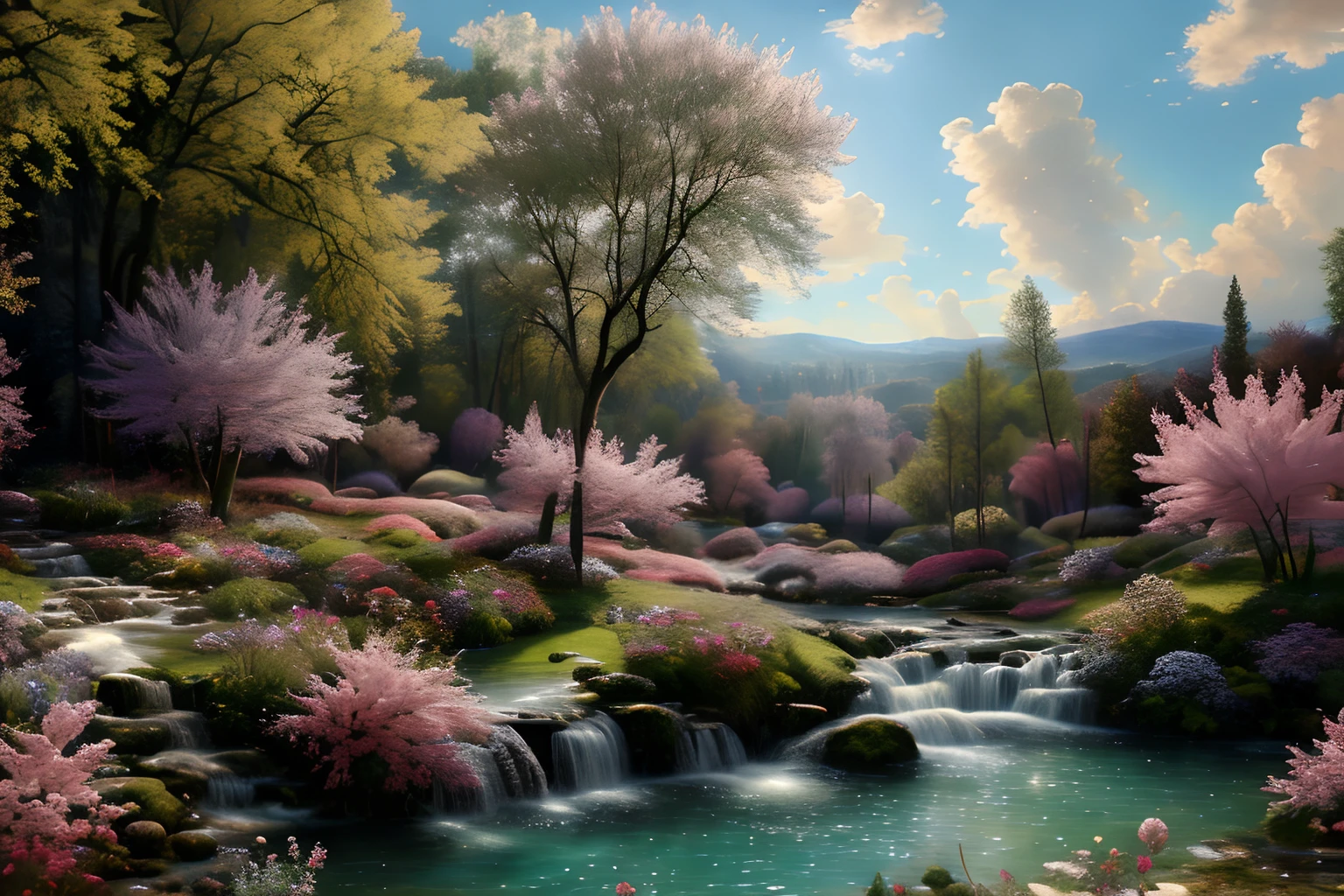 Paysage forestier au printemps , Eau cristalline, ciel azur lumineux, fleurs glycines ,(Highly detailed CG Unit 8k wallpaper), The most beautiful work of art in the world, Professional majestic oil painting, complexe, High detail, mise au point nette, dramatique, Art of photorealist painting, Alma Tadema
