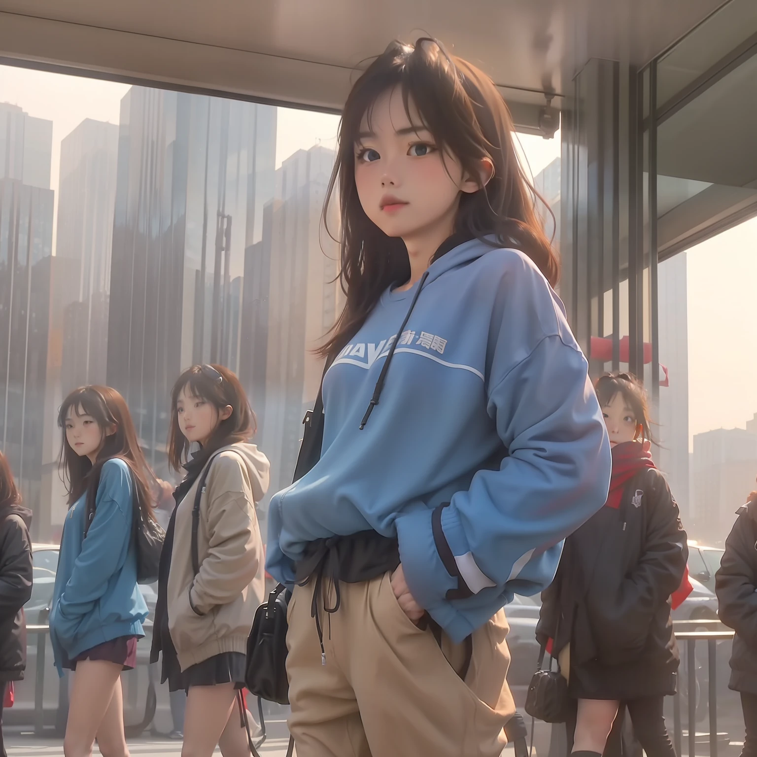 tmasterpiece,The image quality is extremely refined,Super detailed depiction,best shadow,Four girls,They wore blue sweatshirts and khaki cargo pants,In a scene full of fantasy,Enjoy the vivid lighting。This scene is a runway,There's a long-distance race going on,It was a high school athletic day。The feeling of first love pervades the air,Their height is about 156cm。