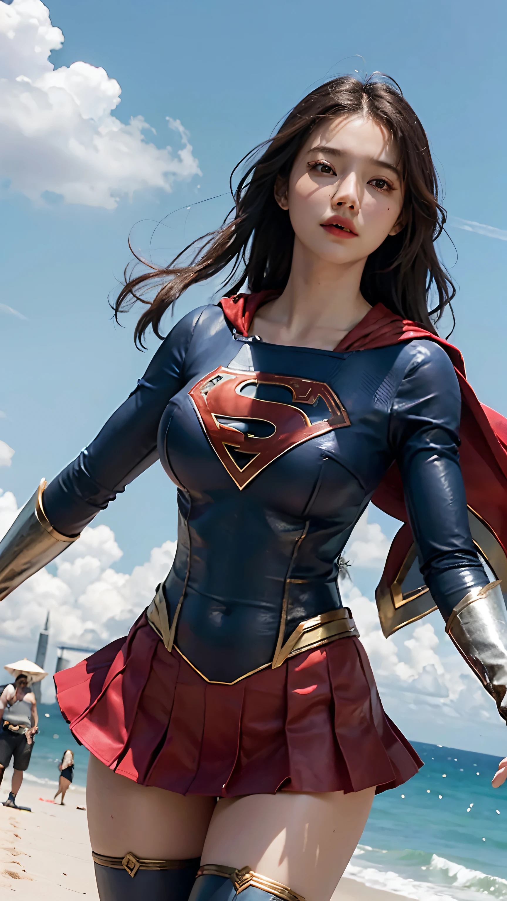 Woman body set big breasts, Supergirl Costume Dress, Flying in the sky, 4k, Huge detail, surreal