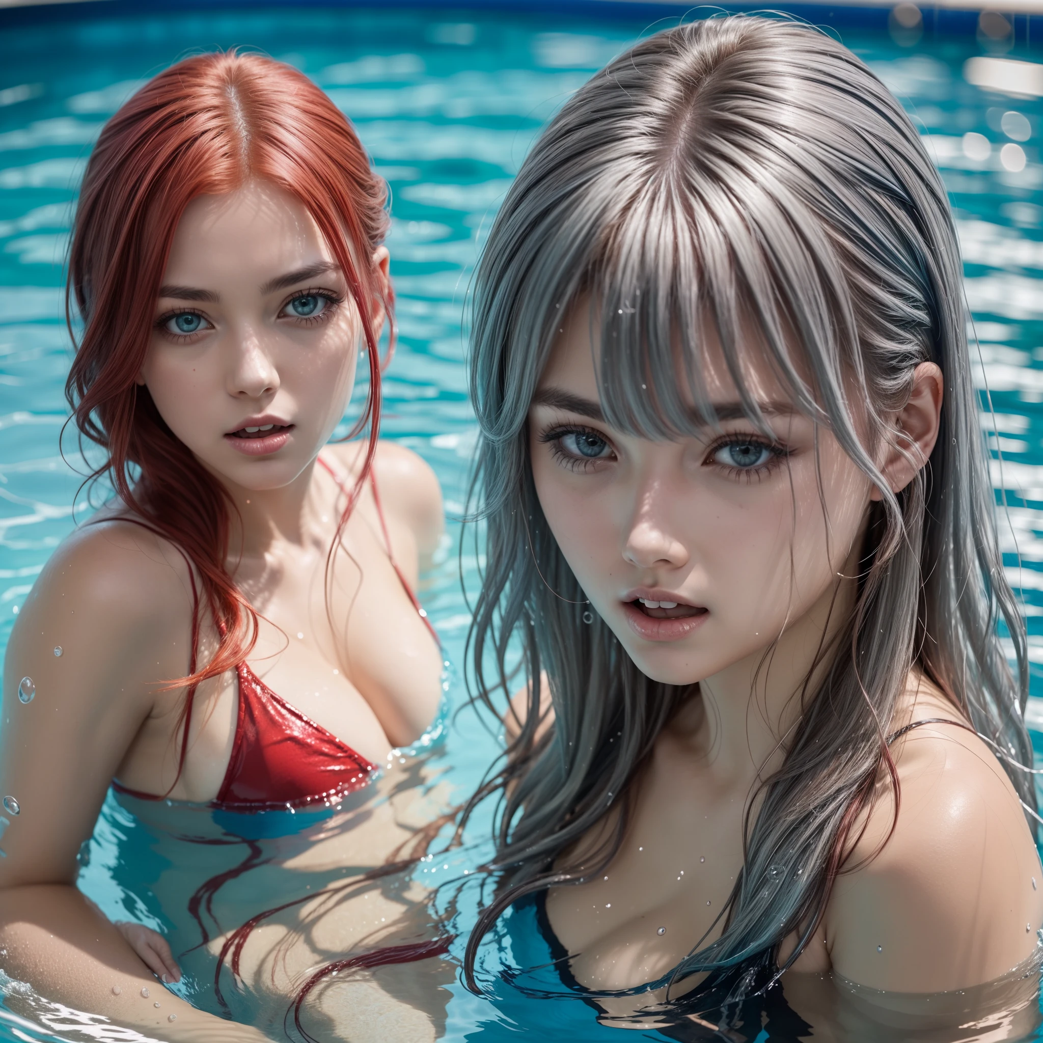 Red pool,Red-haired woman half out of the water,The mouth rises slightly,eBlue eyes
