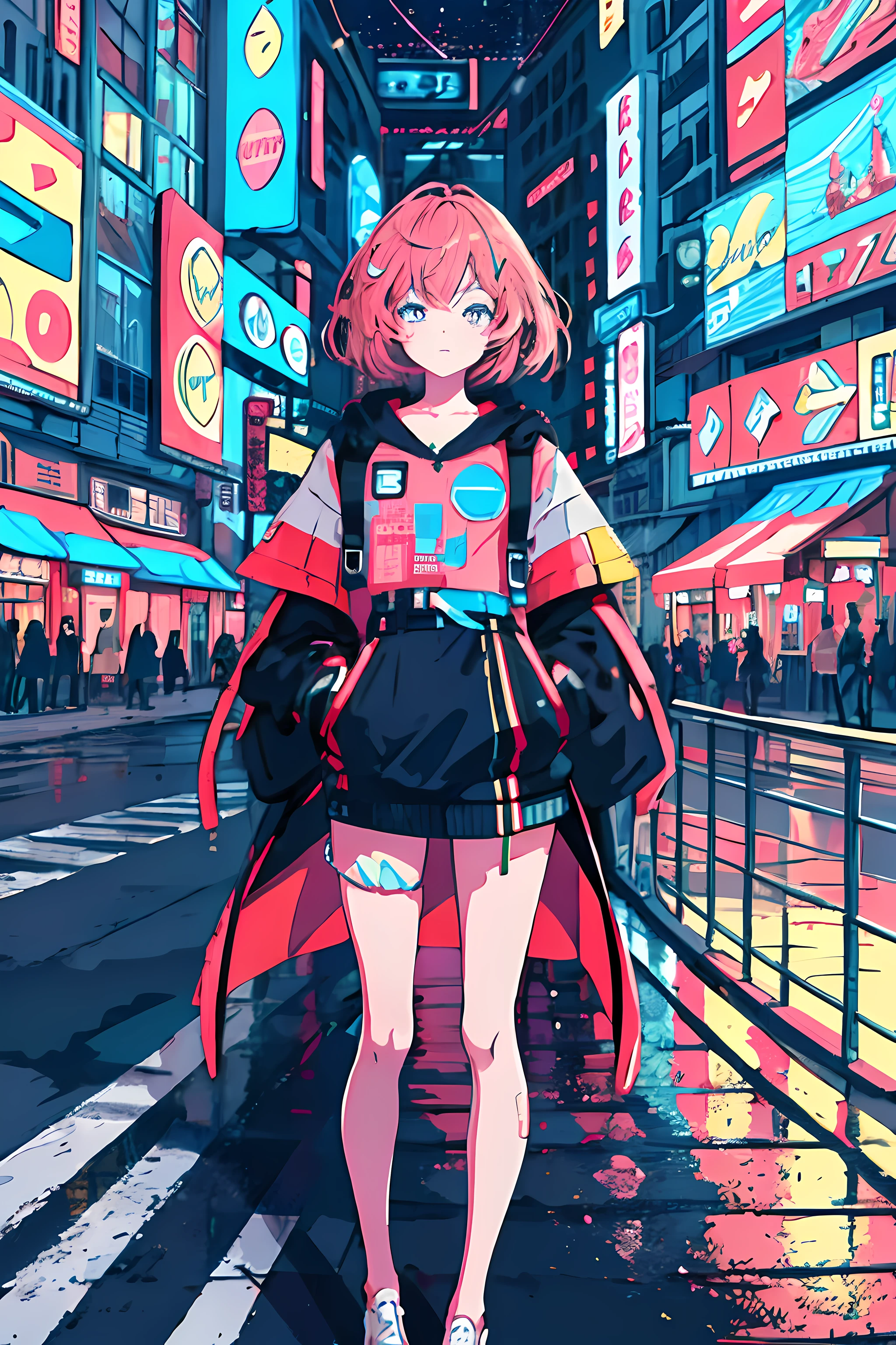 best quality, 4K wallpaper, masterpiece, extremely detailed CG unity 8k wallpaper, extremely detailed eyes, ultra-detailed, intricate details, 1girl, retro art style, neon_pop art style, public, outdoors, road sign, city,