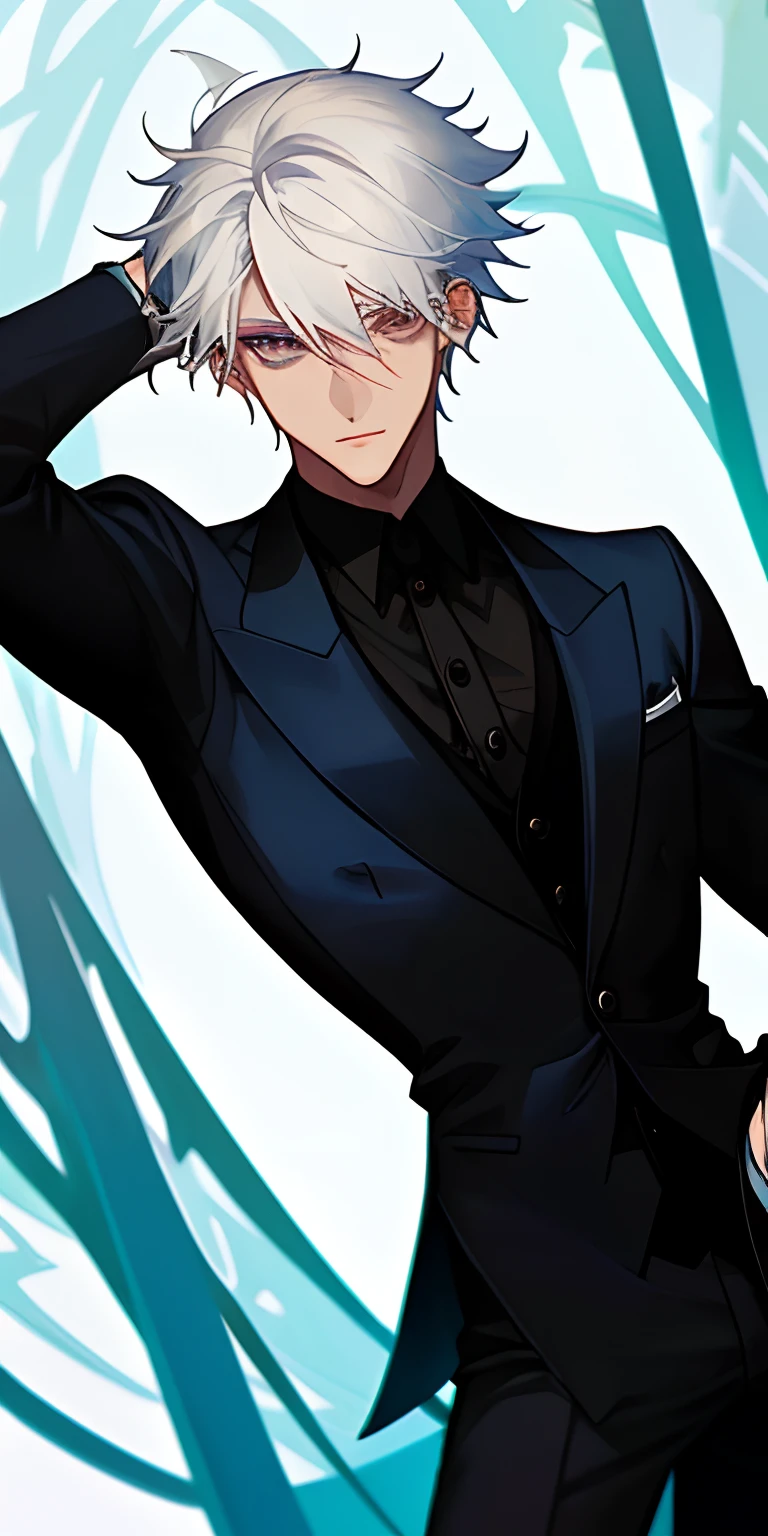 (masterpiece, best quality) 1 boy with white hair and a bit of blue and wearing a black suit