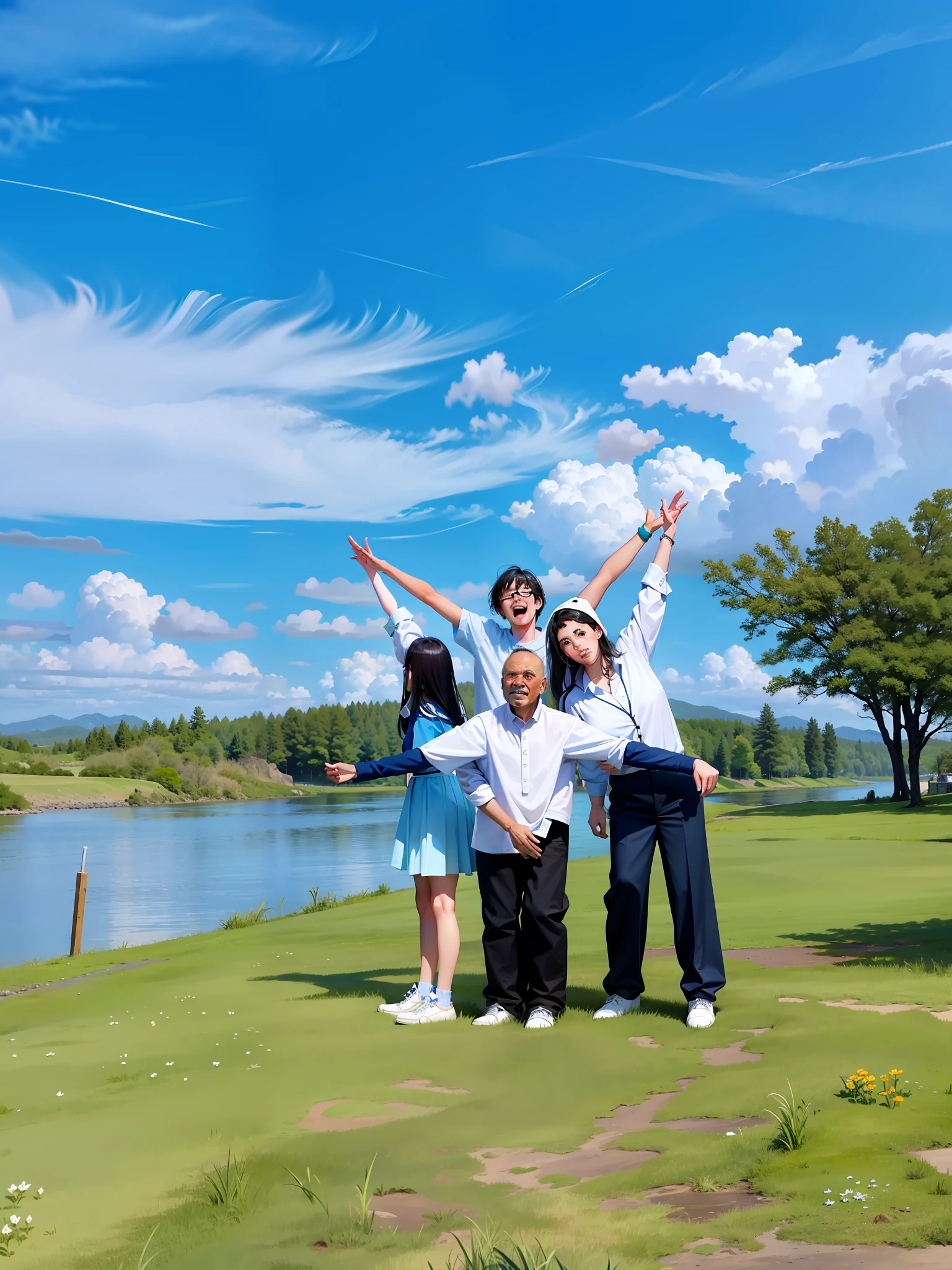 On the grass by the water,Two men and two women, Group photo, beautiful fine sky, in a scenic background, near a river, perfect spring day with, river in the background, um dia ensolarado, scenic full shot,The hands are connected in the shape of a five-pointed star