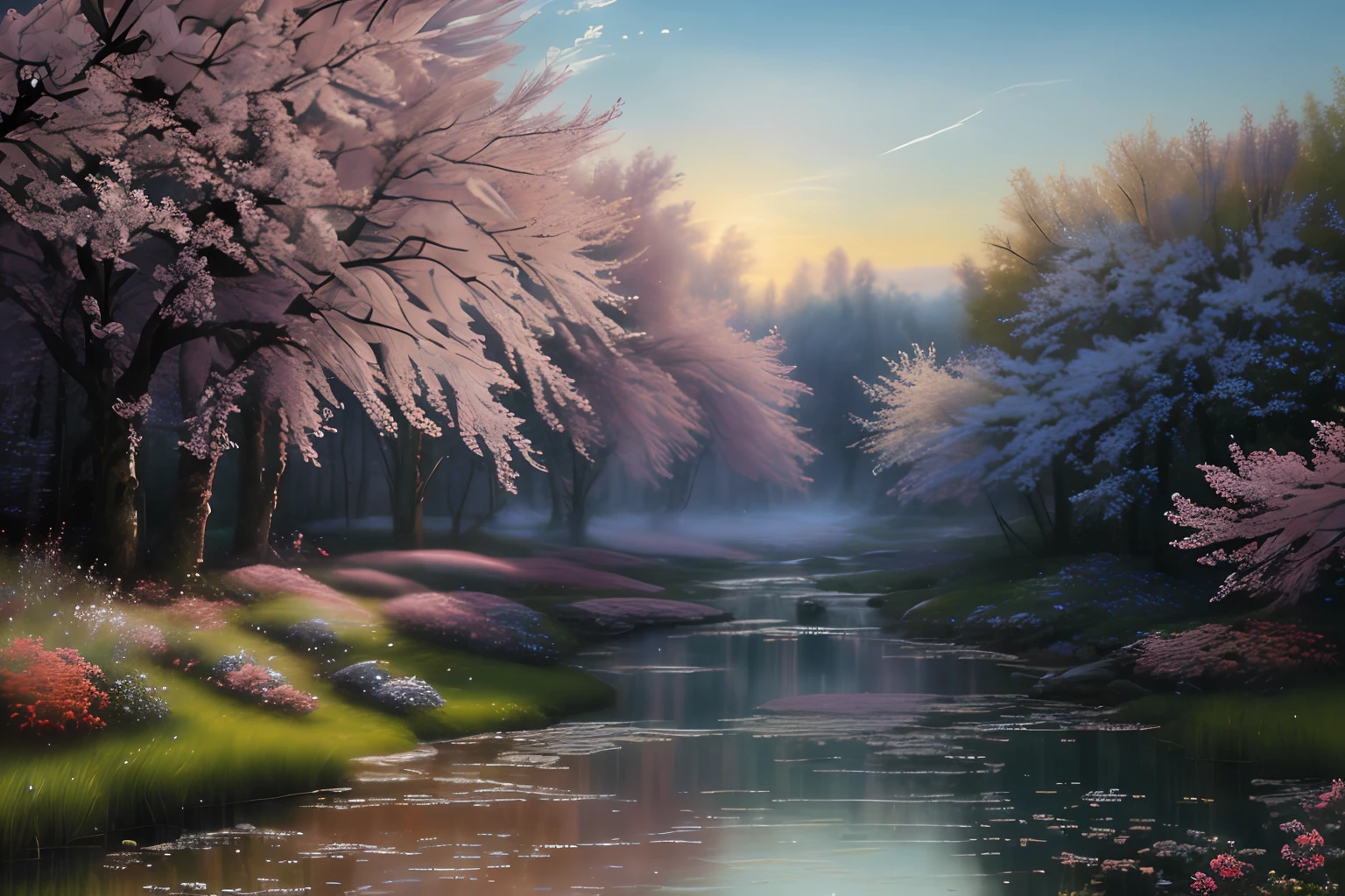 Paysage forestier au printemps , Eau cristalline, ciel azur lumineux, fleurs glycines ,(Highly detailed CG Unit 8k wallpaper), The most beautiful work of art in the world, Professional majestic oil painting, complexe, High detail, mise au point nette, dramatique, Art of photorealist painting, Alma Tadema