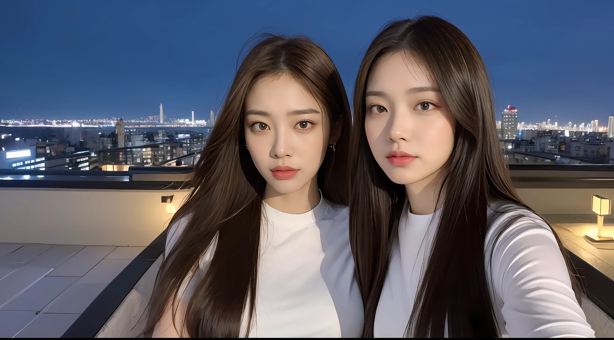 ((Midnight, Best quality, 8k, Masterpiece :1.3)), Whole body, Long legs, Sharp focus :1.2, A pretty woman with perfect figure :1.4, Slender abs :1.1, ((Dark brown hair, Big breasts :1.2)), (White tight tshirt, Jean bib, Standing:1.2), ((Night city view, Rooftop:1.3)), Highly detailed face and skin texture, Detailed eyes, Double eyelid