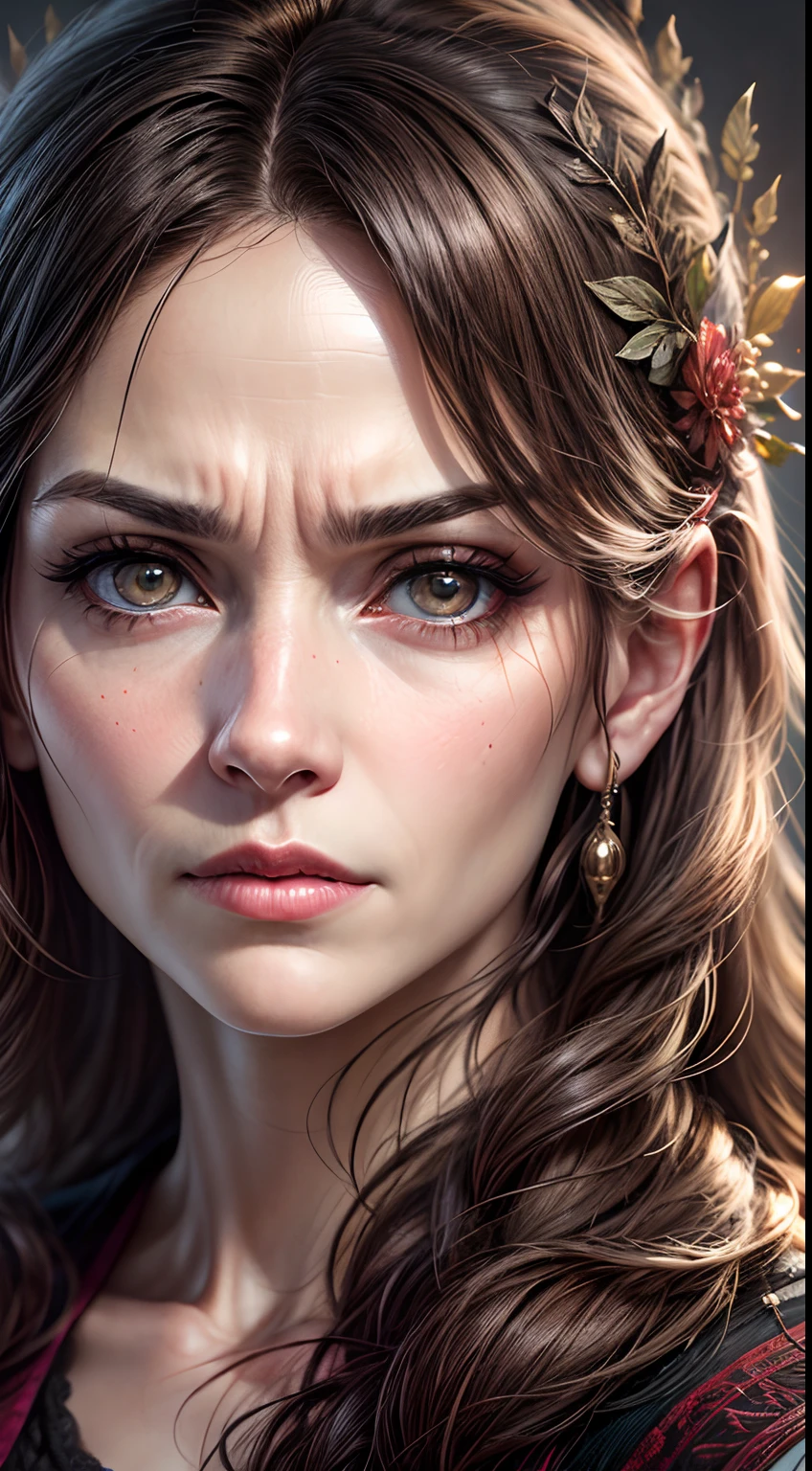 Very beautiful princess bright eyes Portrait of mature face woman 35 years old Serious expression furious hyper realistic super detailed Dynamic facial expressions