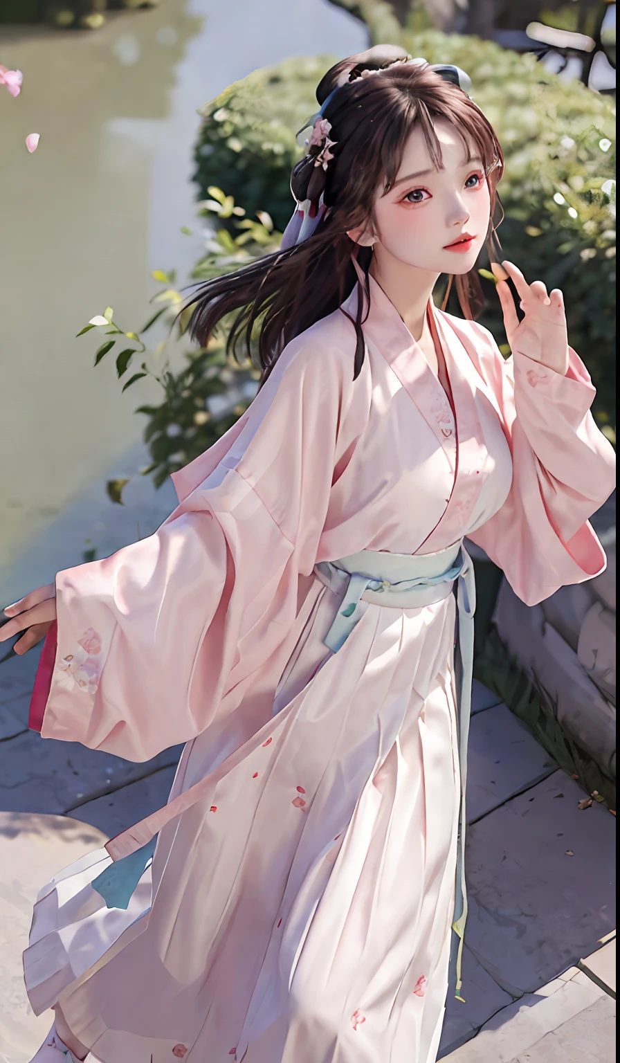 (8k, best quality, masterpiece:1.2), (realistic, photo-realistic:1.2),(sky of background: 1.2),looking at viewer, 1girl,perfect face, perfect eyes,large breasts,perfect skin,make happy expressions,gorgeous,pure,light make up,jade jewelry,hair ornament,hair band,looking at viewer,colorful,(hanfu, song style outfits, 1girl, pink short shan, white pleated skirt, red songmo),